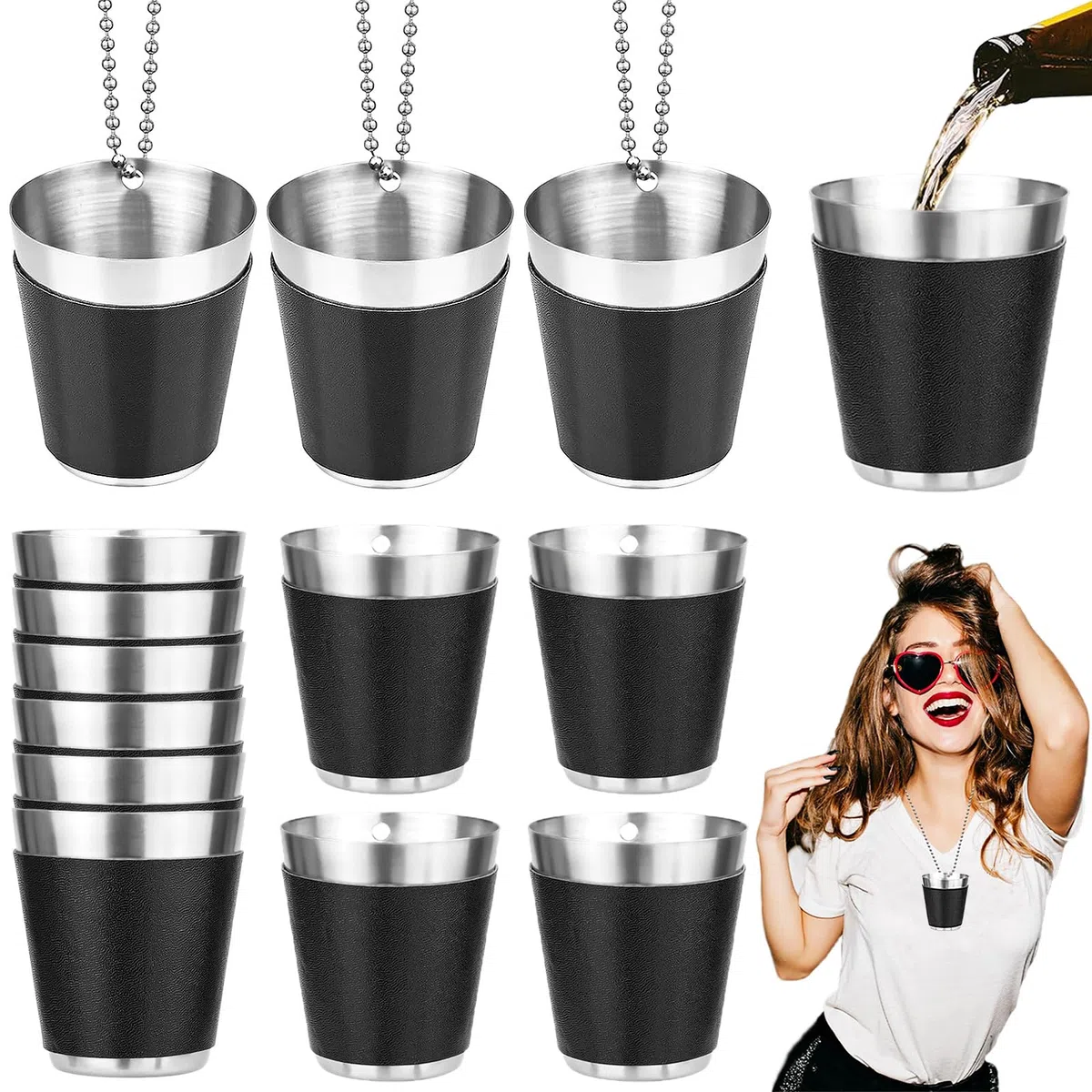 12 Piezas Vasos de Chupito de 30 ml de Acero Inoxidable Negro, Vasos de Chupito para Colgar, Para Celebraciones de Bodas, Carnavales y Fiestas al Aire Libre(4,2 x 3,7 cm, Negro + Plata)