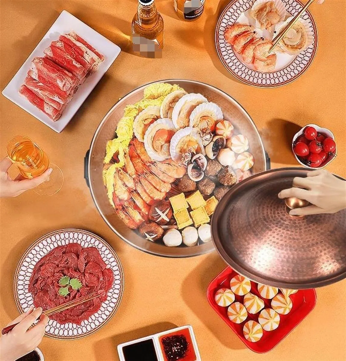 Olla para Fondue de 26 cm: Olla para Fondue sin BPA, Apta para cocinas de inducción, de Cobre, Comidas Familiares, Que le Permite cocinar fácilmente una auténtica Fondue China
