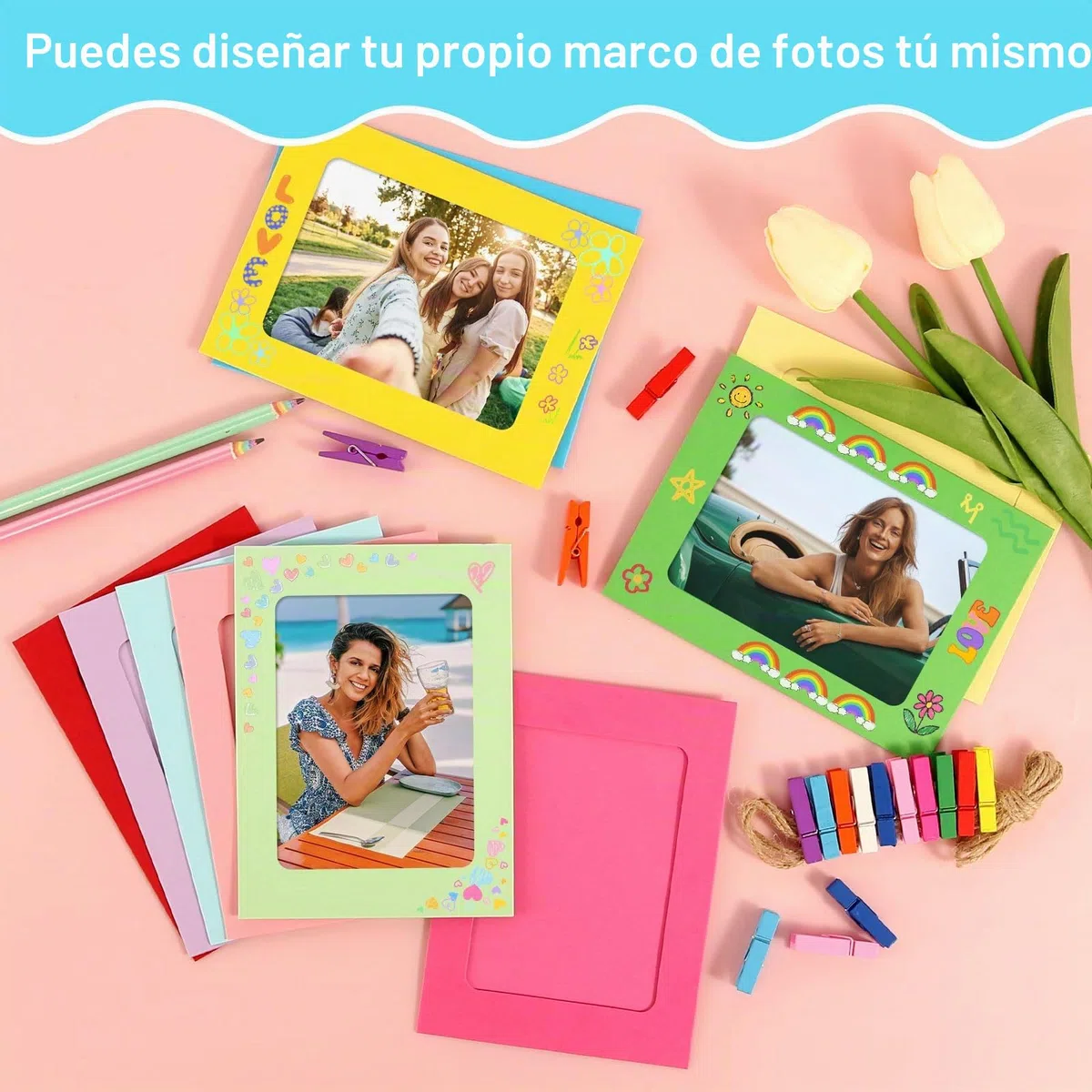 DELAESI 40 Piezas Marcos de Fotos Colgar Fotos 10 x 15 cm Guirnalda de Fotos con 40 Pinza Madera y 4 Piezas Cuerda Marco de Fotos Carton para Decoración Pared Cumpleaños Fiesta (Color)