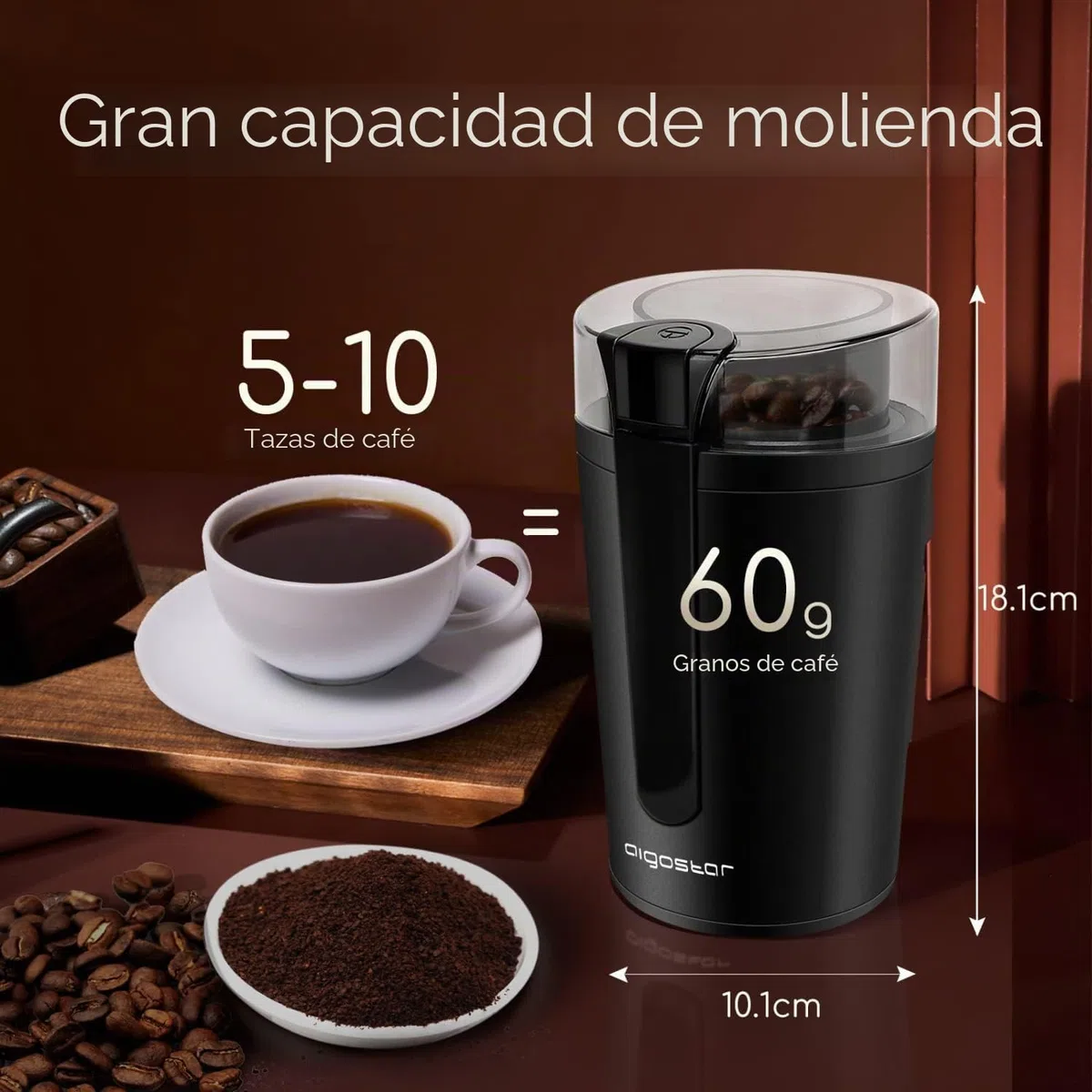 Aigostar Molinillo de Café Eléctrico, con Cuchilla de Acero Inoxidable, Semillas Especias Frutos Secos Molinos de Cuchillas de 200W Potencia, Capacidad 60gr con Cepillo para Limpieza, Libre de BPA
