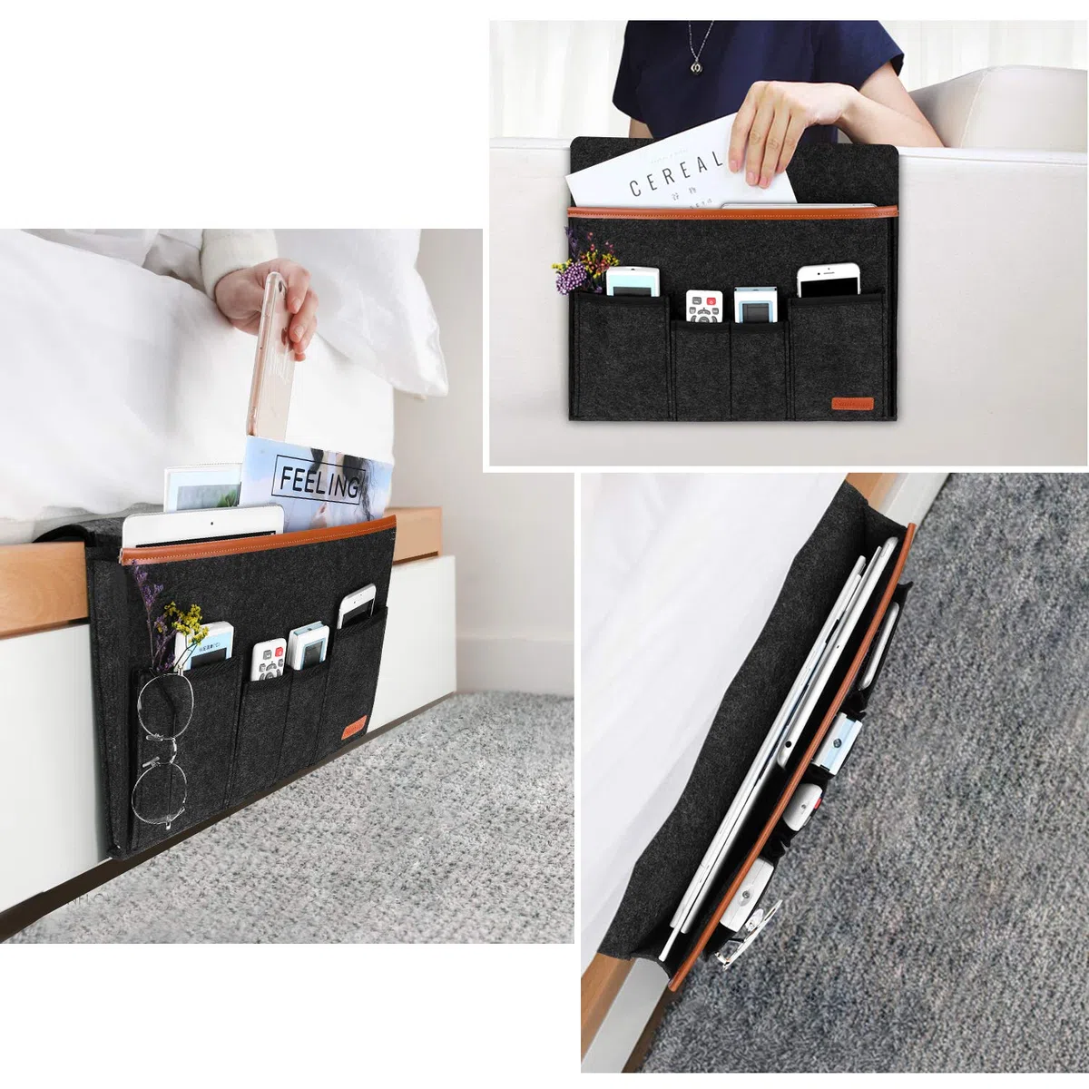 SIMBOOM Organizador de Sofá Silla, Soporte para Controles remotos, Bolsa de Almacenamiento para Reposabrazos Antideslizante con 5 Bolsillos, para Revistas Teléfono, Libros, Gafas(Negro)