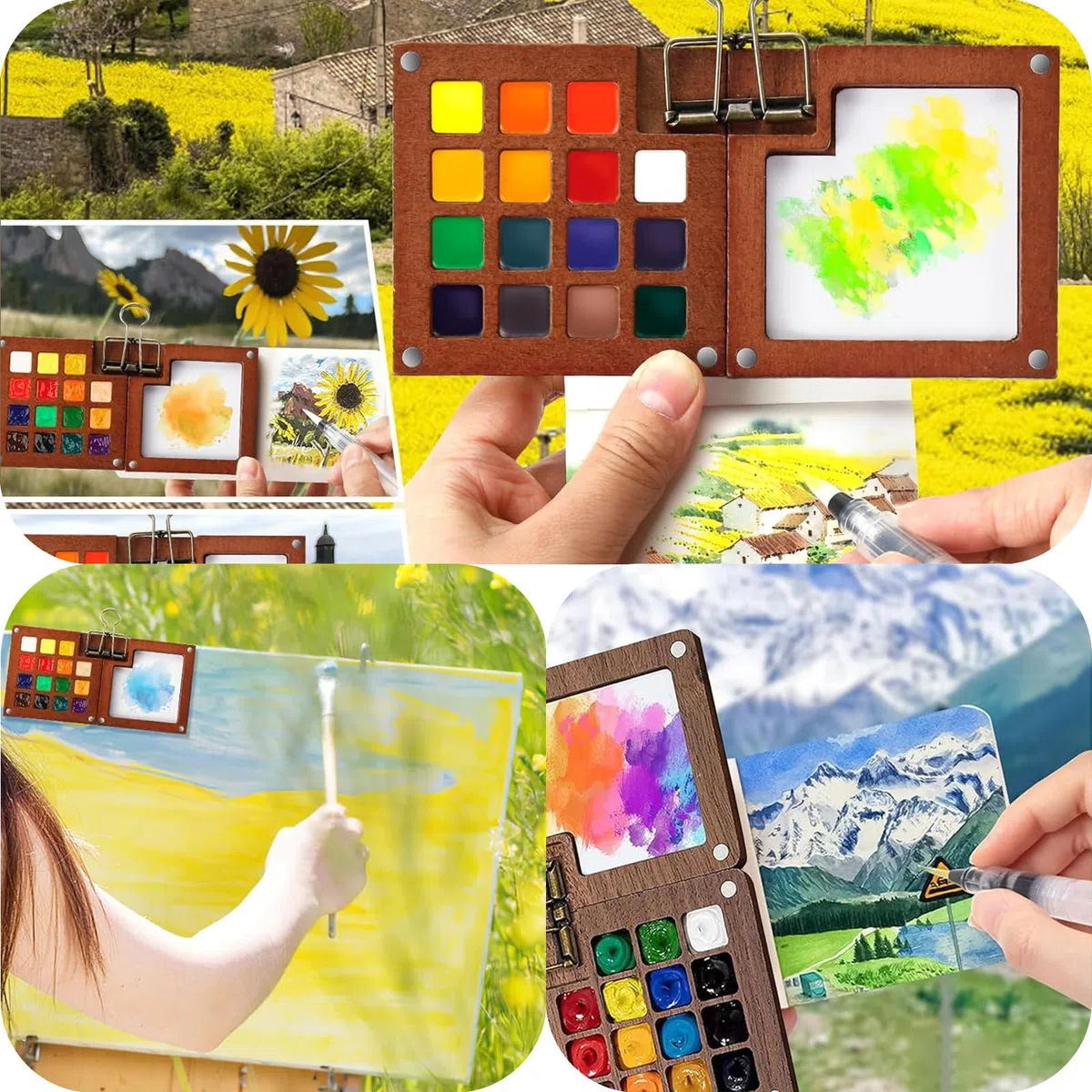 Set de Mini Acuarelas Portátil con 24 Colores Intensos 15 Rejillas Mini Almohadilla de Pintura para Viajes con Clip Metálico para Artistas Estudiantes Viajes