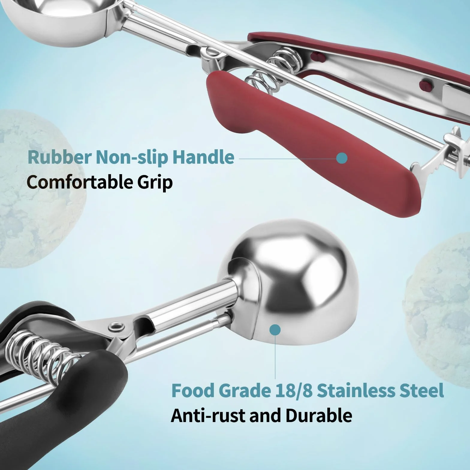 Juego de 3 cucharas de galletas para hornear, cuchara de helado de acero inoxidable 18/8, 1 cucharada/2 cucharadas/3 cucharadas, cuchara de masa de galletas, agarre antideslizante rojo/negro/burdeos