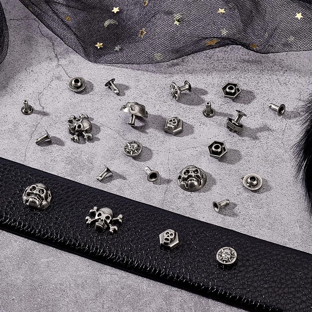 PH PandaHall 80 juegos de remaches de cabeza de calavera con rosca trasera, 4 estilos de remaches decorativos de calavera, remaches de esqueleto de plata envejecida para bolsa de ropa, cinturón de