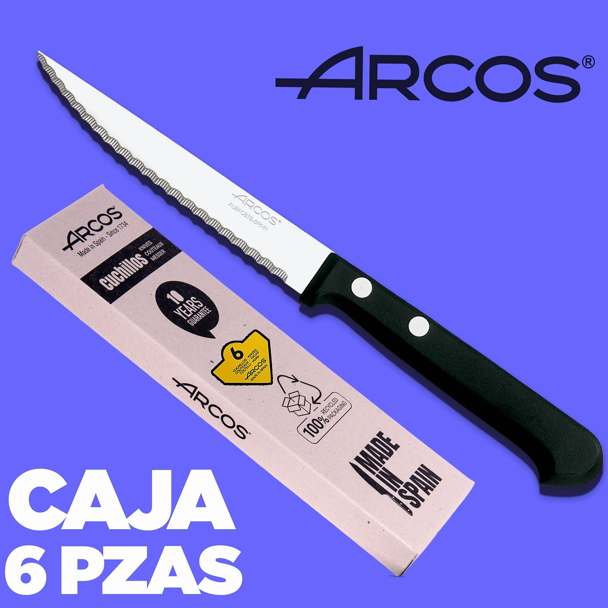 Arcos | cuchillos de mesa (6 ud) | cuchillos acero inoxidable con sierra cuchillo chuletero cuchillos chuleteros | Fabricado en España