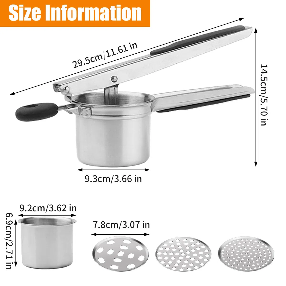 Machacador de Patatas con 3 Discos Intercambiables, Triturador Papas Acero Inoxidable Profesionales, Exprimidor Zumos Mermelada, Prensador para Puré Patatas, Bebés Frutas, Verduras, Receta Alimentos