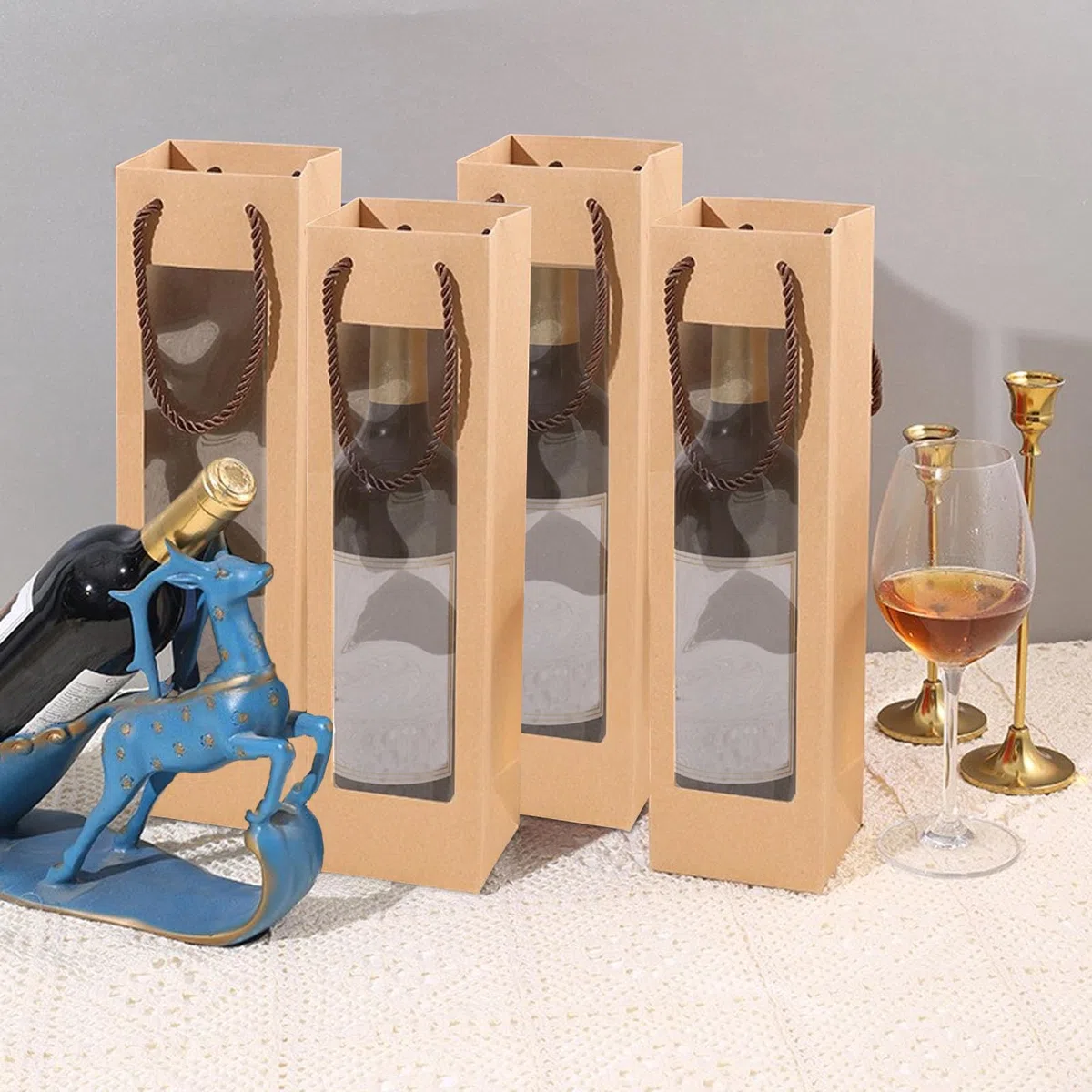 Bolsas de Papel Kraft para Botellas de Vino con Asa - 12 Piezas Organizador para Boda, Fiesta (Marrón)