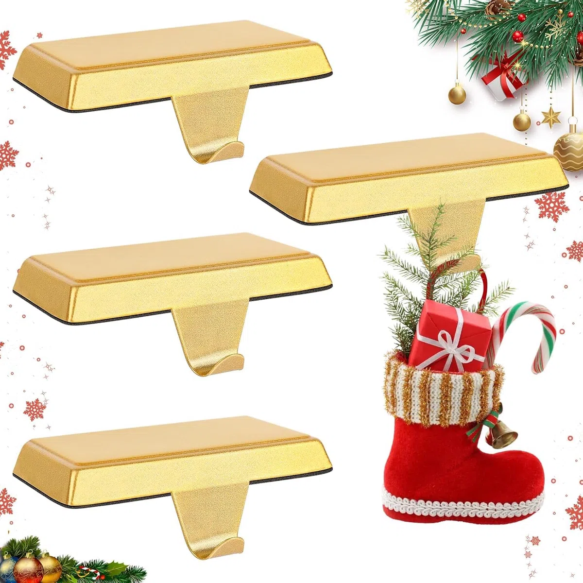 LATERN 4 Piezas Soportes para Calcetines Navideños, Dorado Metal Colgador para Calcetines Antideslizante Gancho de Regalo para Navidad Chimenea Repisa Ventana Hogar Navidad Adornos Fiesta Decoración