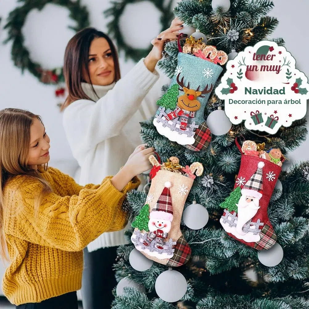 Calcetines de Navidad Chimenea, Calcetines Navidad para Colgar de Yute Personalizados Calcetines de Papá Noel Medias de Navidad, Bolsas de Regalo Calcetin Navideño para Decoracion Árbol de Navidad
