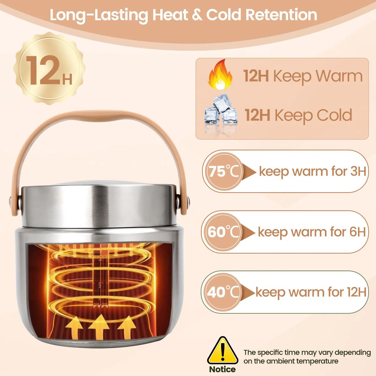 Termo Comida Caliente 1200ml, Térmico para Alimentos con Cuchara Plegablem, Fiambrera Térmica Acero Inoxidable, Termo de Comida para Adultos y Niños - Plata