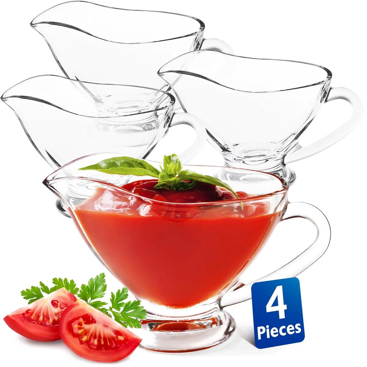 KONZEPT Salsera de cristal, juego de 4 unidades, 160 ml, transparente con asa, estable, ideal para aderezos, crema, salsa, aceite de oliva, NR 63. SAUCIERE