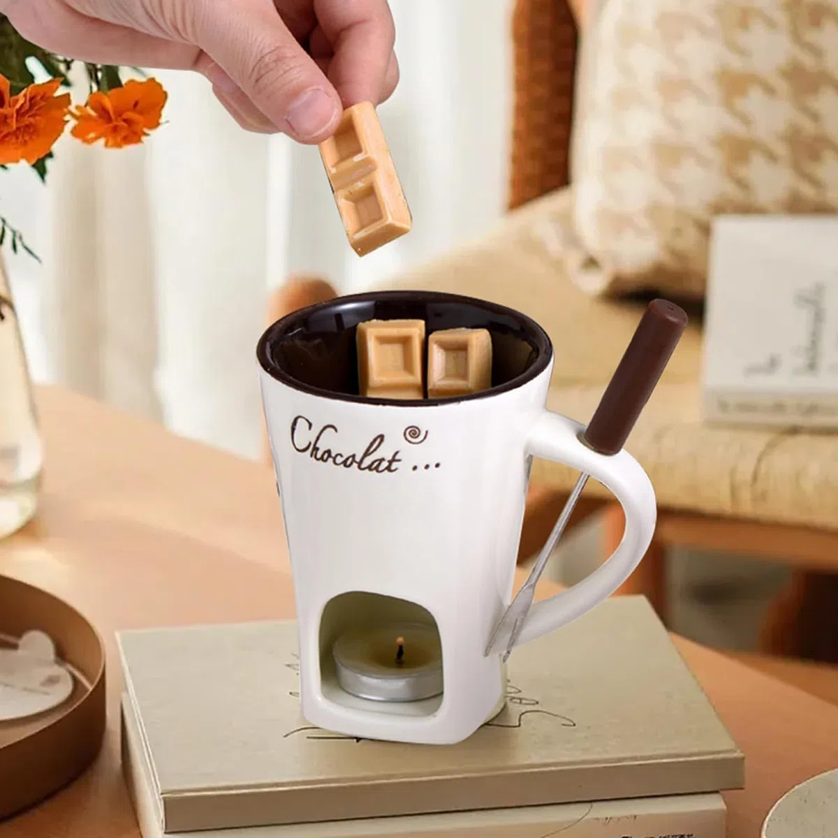 Taza de fondue de chocolate con tenedores y cuchara, calentada, multifunción, taza de cerámica para calentar mantequilla, taza para dulces y fiestas de caramelo