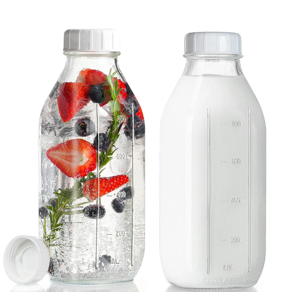 2 PCS 1L Botellas de vidrio con Tapas, Botellas Cristal Reutilizable, Botella Vidrio Transparente, botellas de zumo, para Oats, Cereales, Yogur, Pudín, Aceite, Leche, Zumo y Limonada