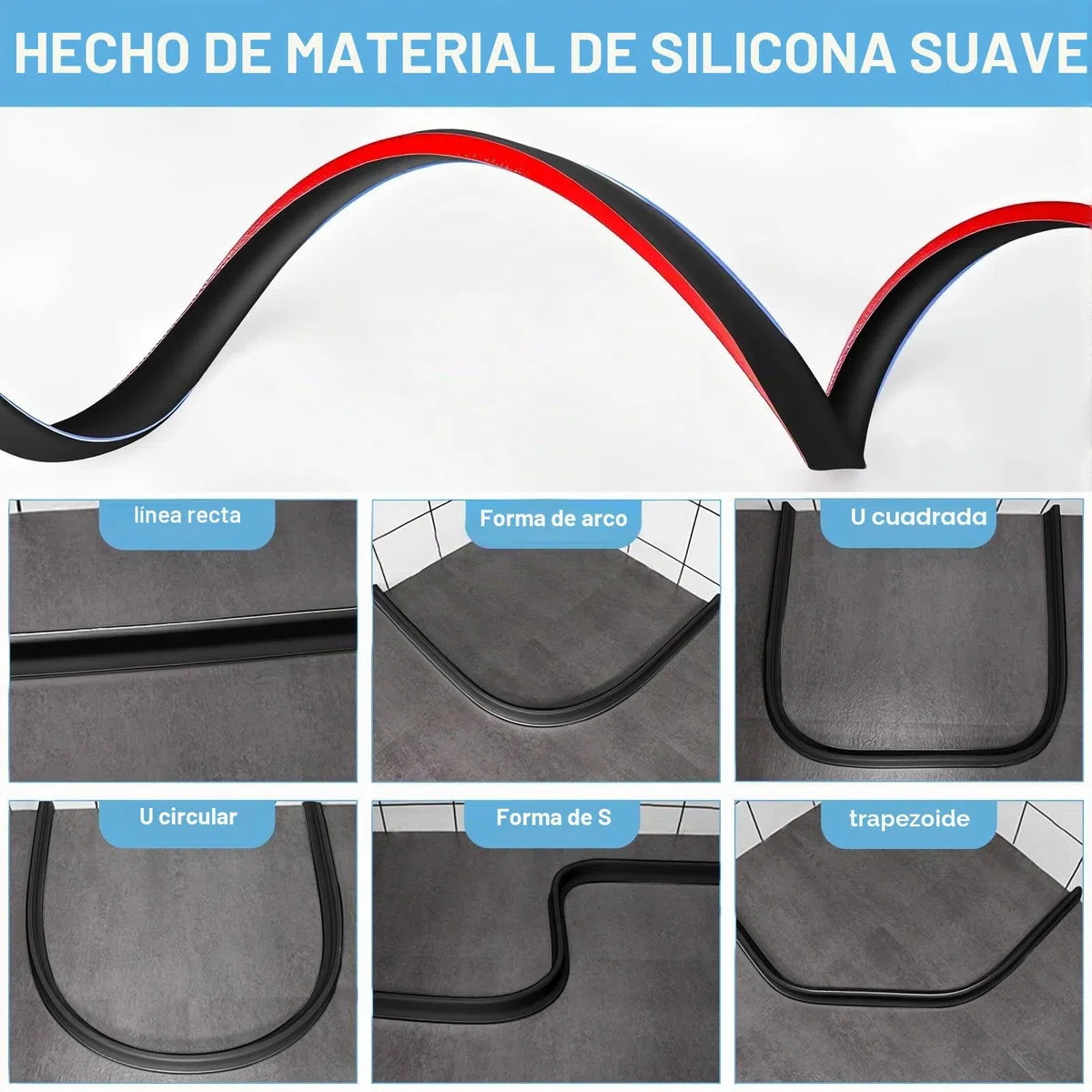 2M Barrera Agua Ducha, Barrera de Agua para Ducha Flexible y Cortable, Borde Plato Ducha Autoadhesivo, Perfil Silicona Duchapara Cocina Baño Separación en Seco y Húmedo (Negro)