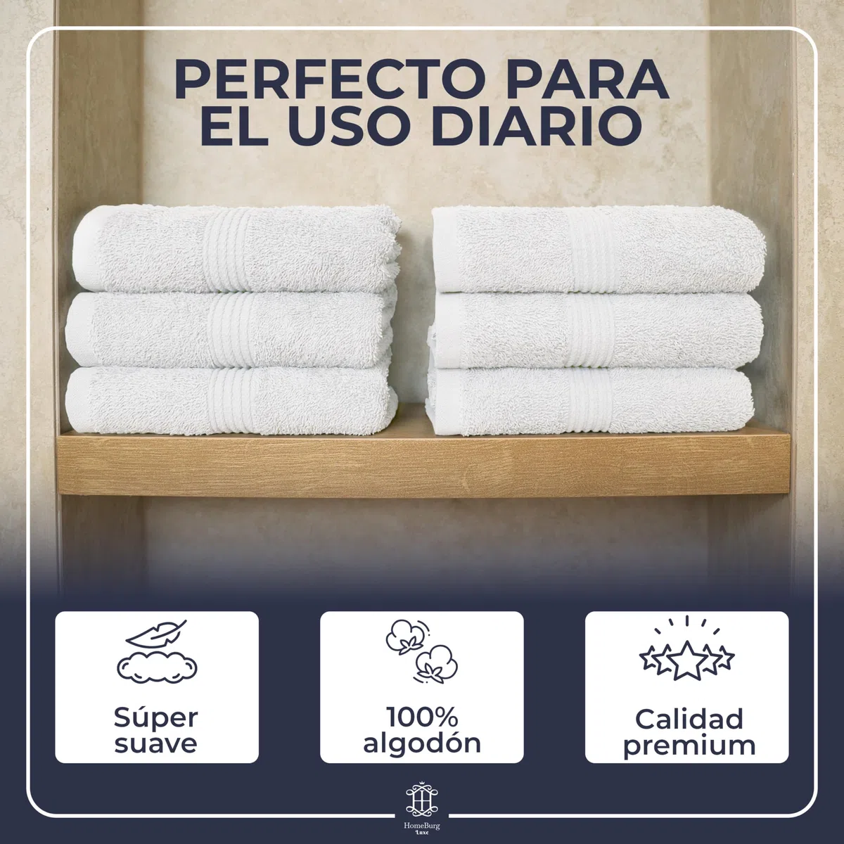 Luxe Set de 6 Toallas - Algodón Suave & Absorbente, Secado Rápido, Fáciles de Mantener, 40×70 cm, Blanco