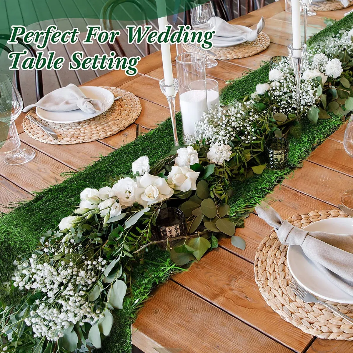 KAHEIGN Camino de Mesa de Césped Artificial, 36CM x 122CM Mantel de Hierba Sintética Alfombrilla de Mesa de Hierba Falsa de Pascua para Tema de Fútbol Boda Cumpleaños Banquete Jardín Fiesta Decoración