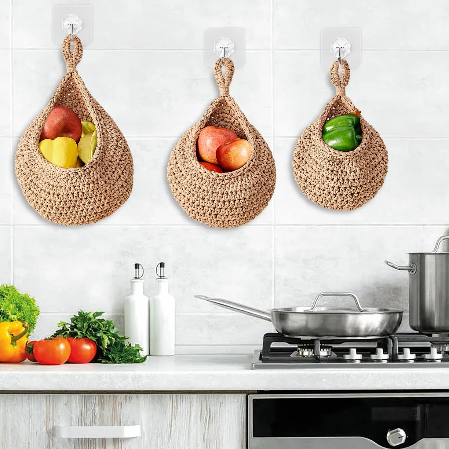 3 Piezas Cestos para colgar de mimbre tejidos a mano - Almacenaje y decoración bohemia para frutas, verduras, flores y juguetes de peluche (Yute)