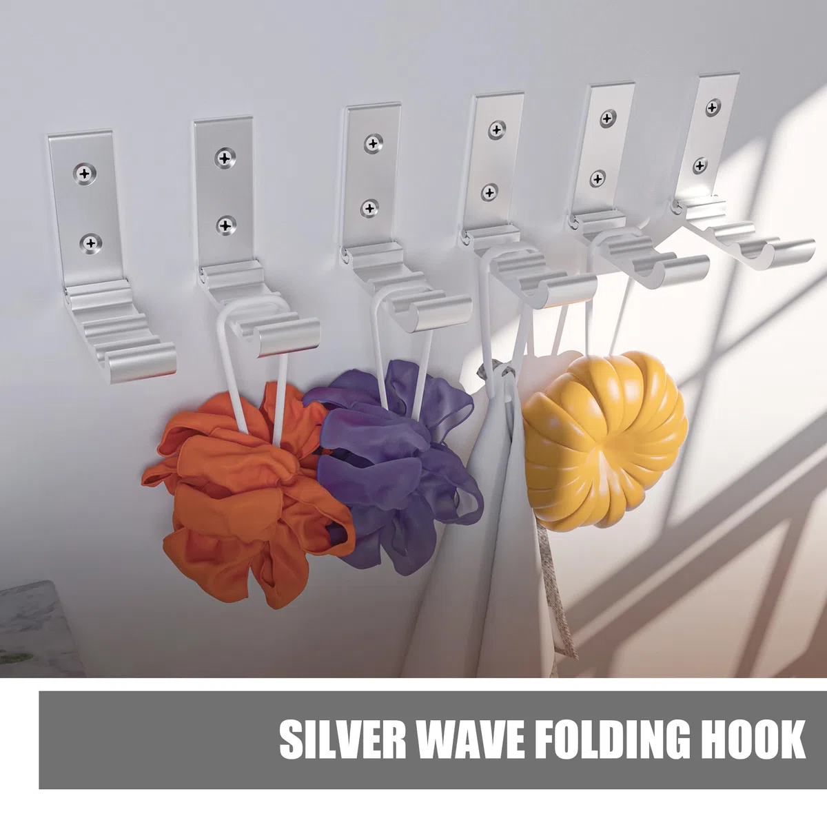 OHIYO Ganchos de pared plegables, paquete de 6 ganchos de pared para colgar abrigos, toallas, perchas, sombreros, mochilas, ganchos de pared, ganchos plegables ondulados (Plata)