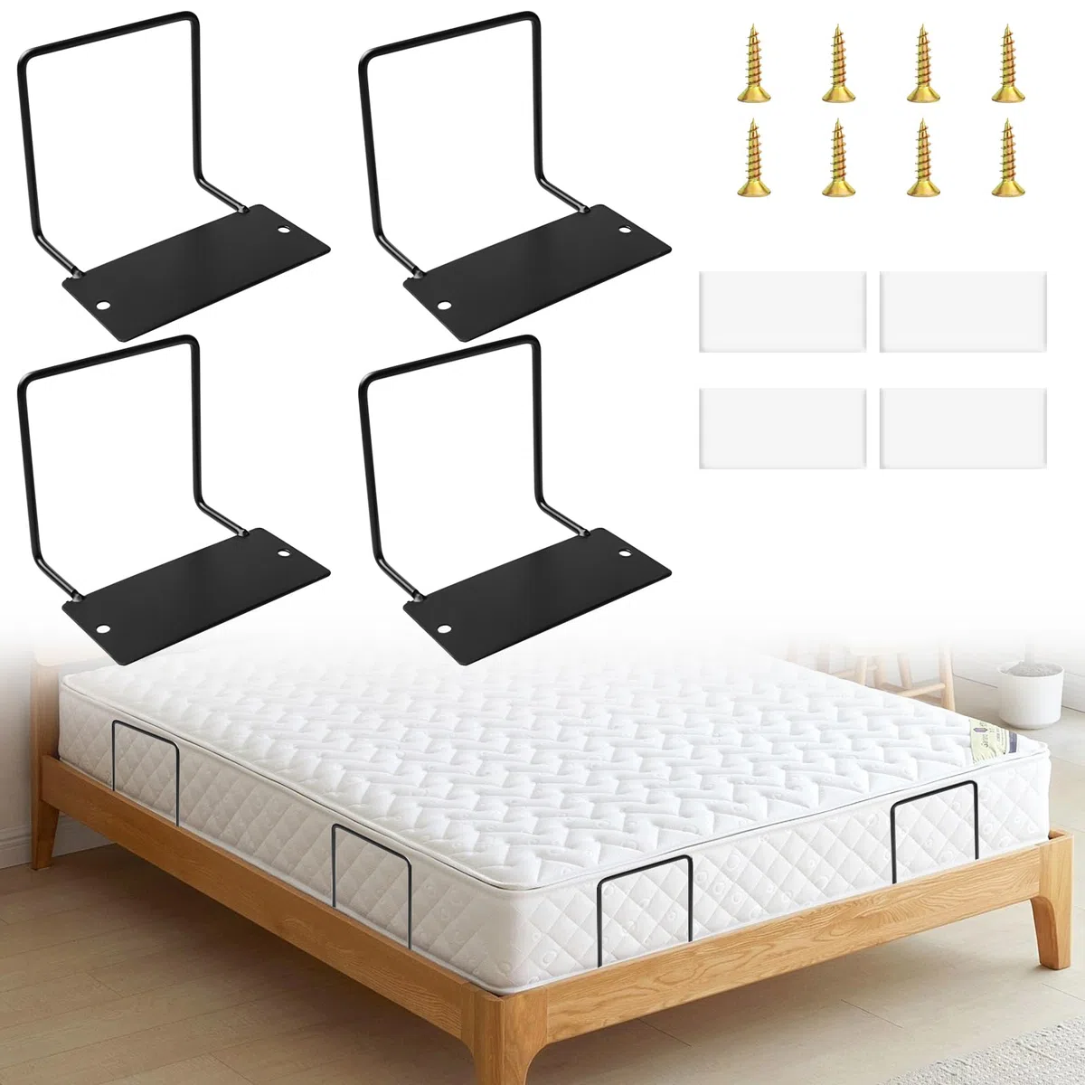 4 soportes para colchón antideslizamiento: soporte para colchón para marco de cama con cinta adhesiva de doble cara y tornillos, soporte para colchones, tope antideslizante para marco de cama