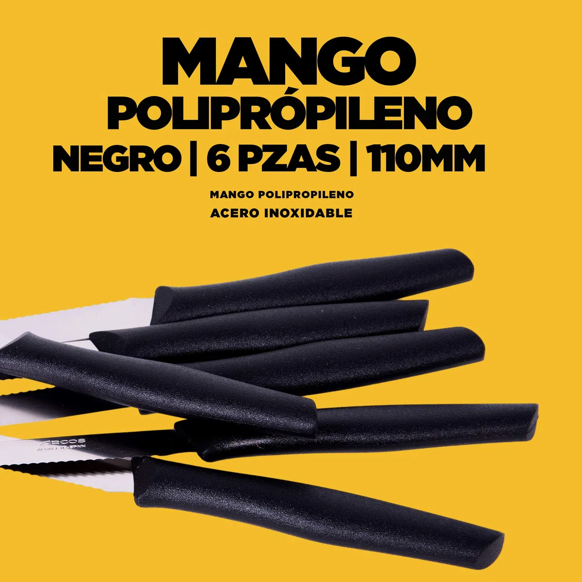 Arcos Juego Cuchillos Carne | Cuchillo chuleteros | Cuchillos Carne Cuchillos Mesa | 6 Uds | Hoja 110 mm | Acero Inoxidable | Mango Nylon | Apto lavavajillas | Envase Ecológico (Filo Serrado)