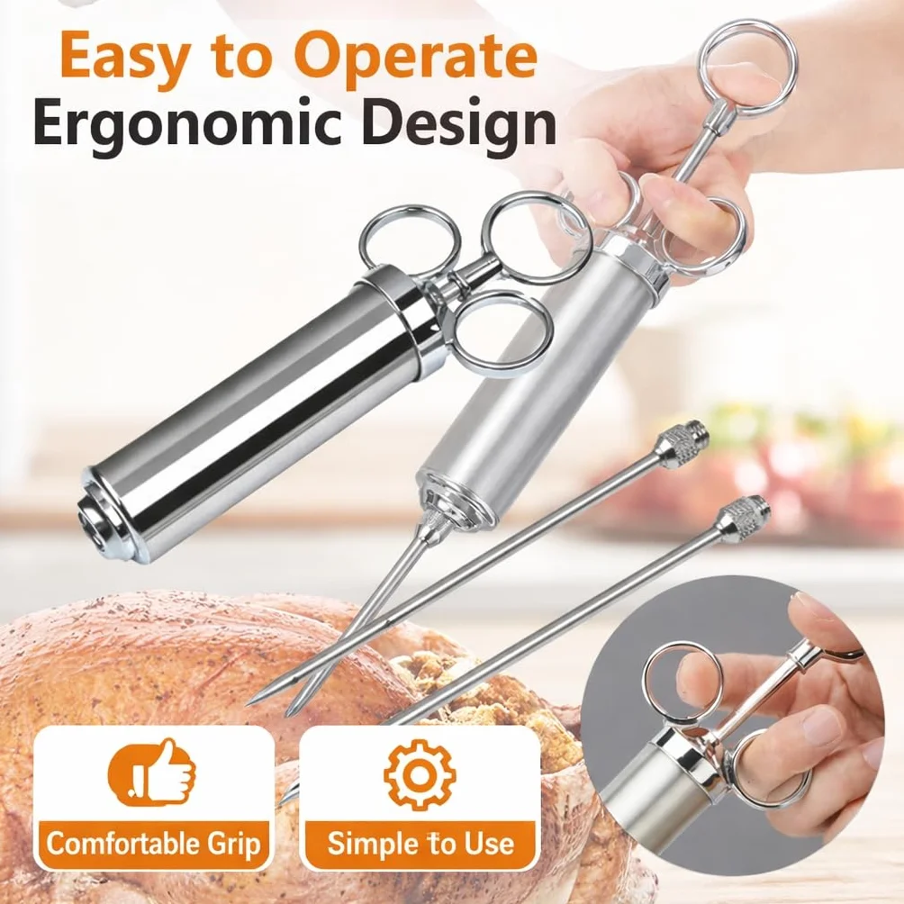 Inyector de carne de acero inoxidable de 60 ml con 3 agujas, jeringa de adobo para barbacoa, baster de pavo para carne de res, pollo y cerdo, apto para lavavajillas, fácil de limpiar