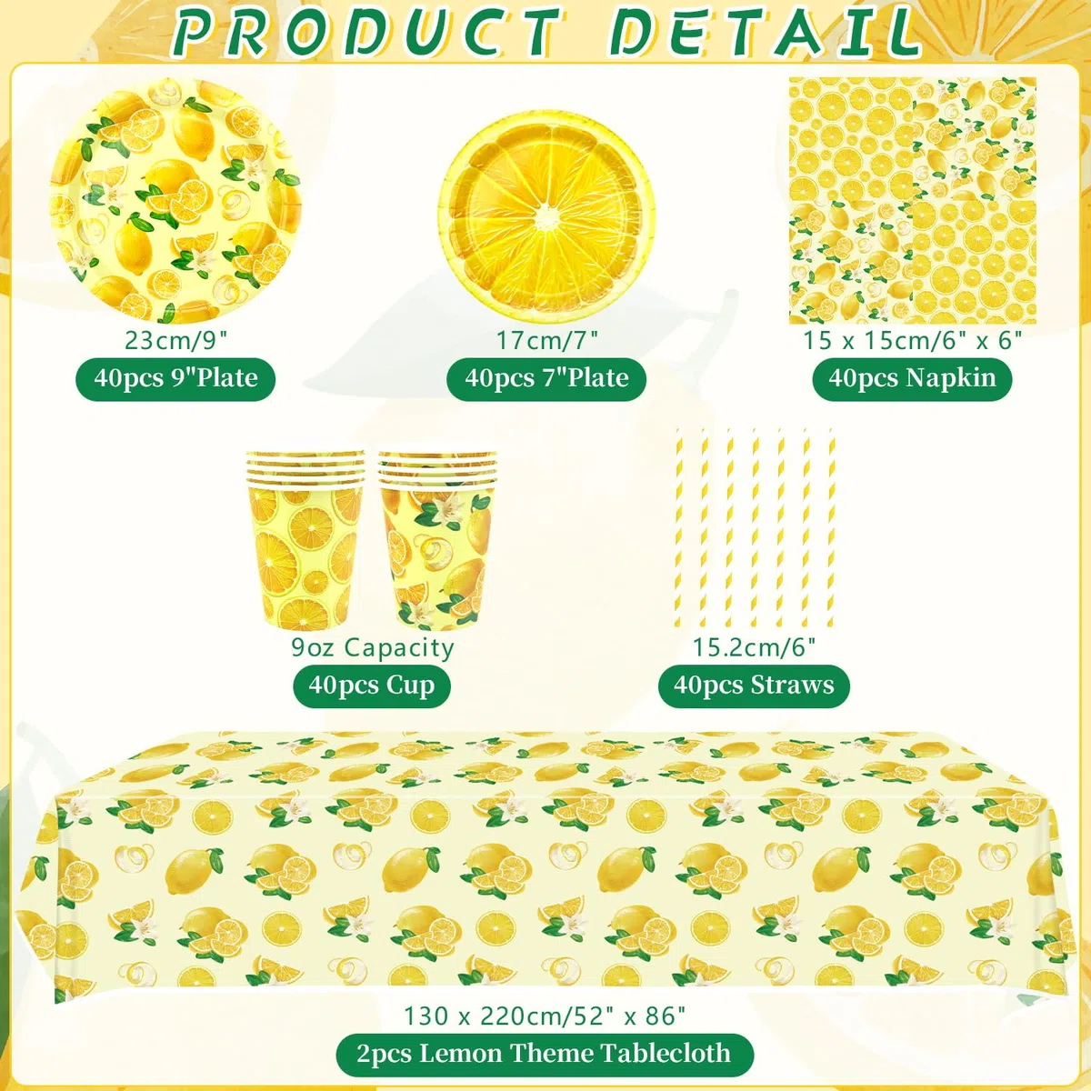 Decoración de fiesta de limón – Vajilla de fiesta de cumpleaños de limón, incluyendo platos, vasos, servilletas, manteles, pajitas, para 20 personas (amarillo)