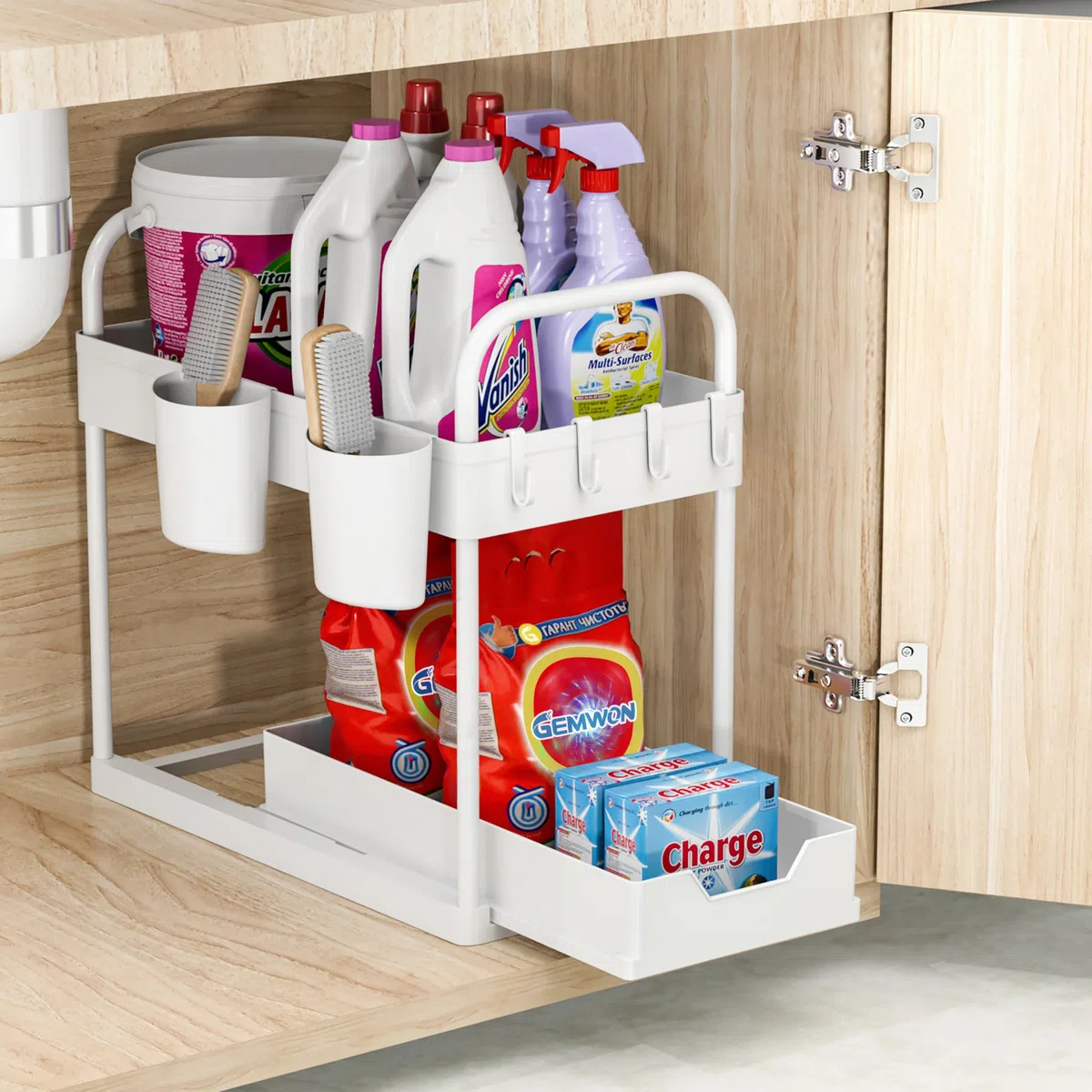 Organizador Cocina 2 Niveles, Deslizable bajo Fregadero, Extraíble Estante Almacenamiento Debajo con 8 Ganchos y 4 Cesta Colgante para Cajones, Baño Blanco-1 Paquete
