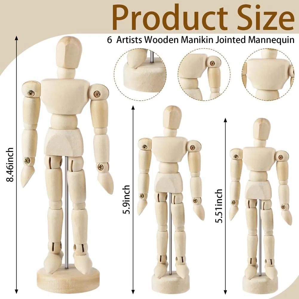 6 Piezas Modelo de Maniquí de Artista Maniquí de Madera Dibujo Modelo de Figura MóVil con Soporte Maniquí Articulado Flexible