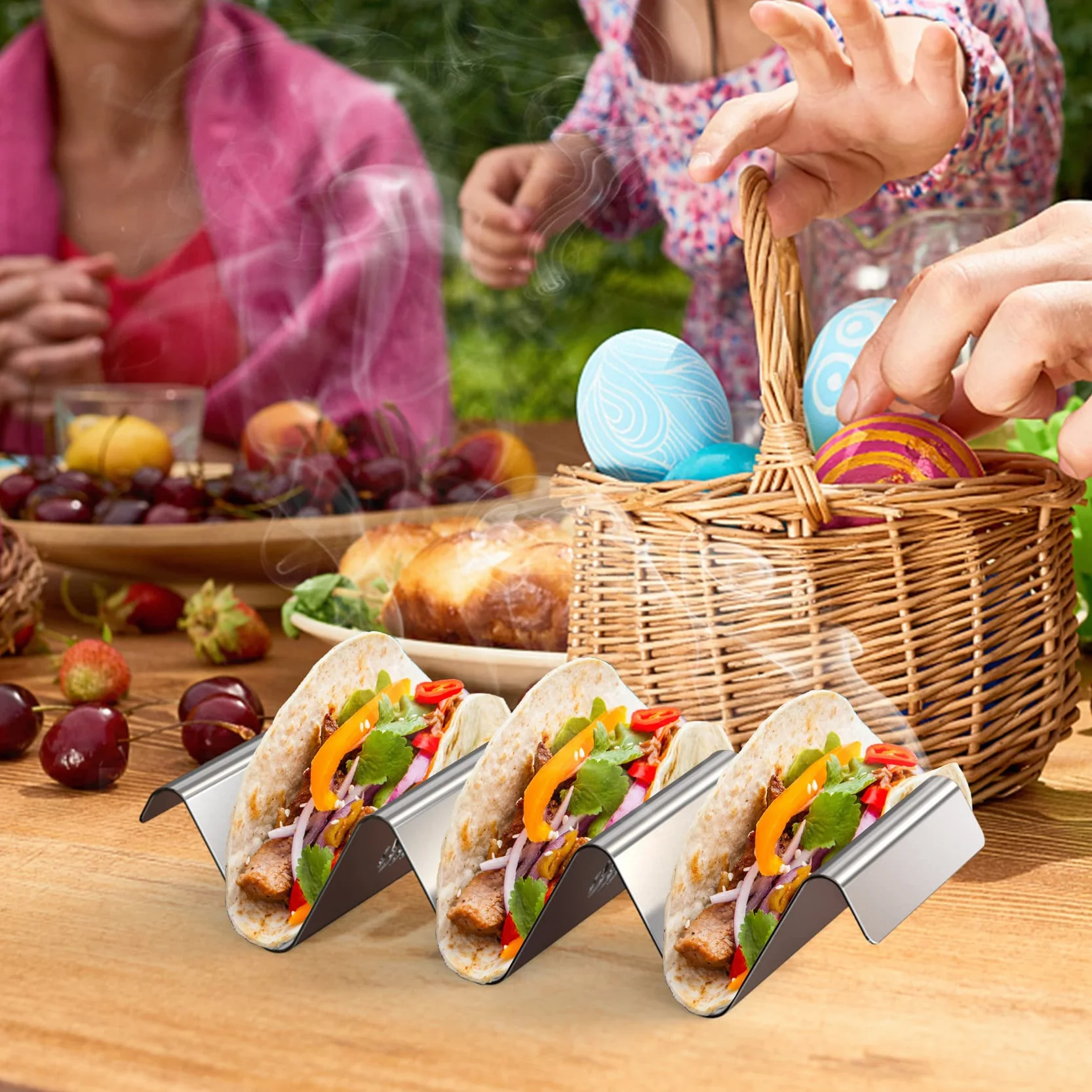 onlyfire Soporte de taco de acero inoxidable, 4 bandejas de taco sólidas con asas