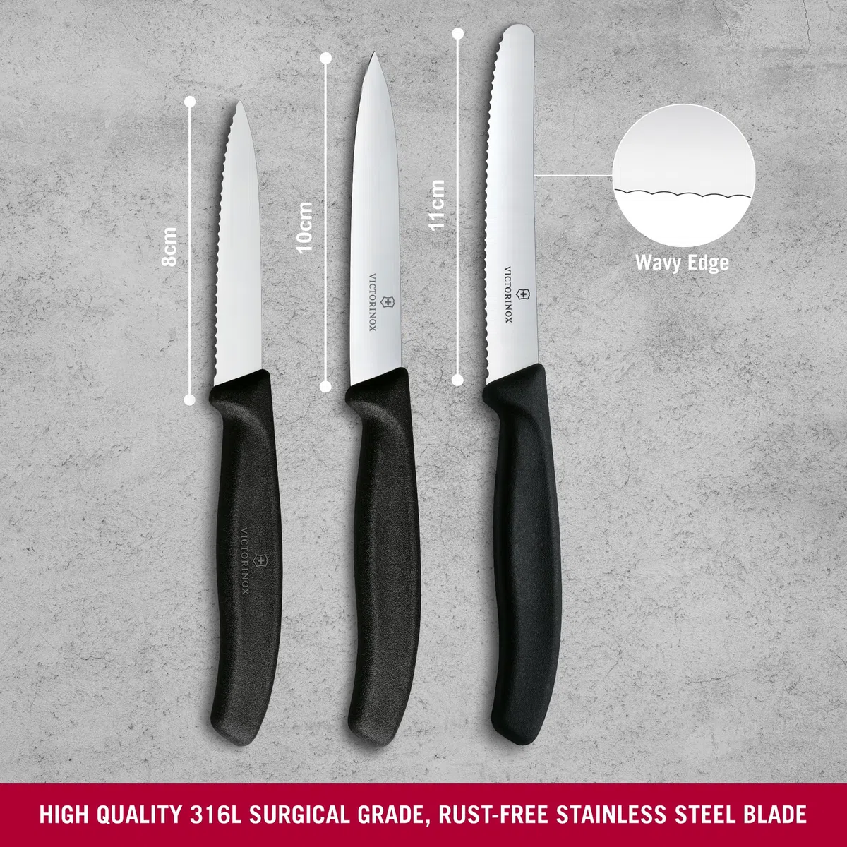 Victorinox Swiss Classic Juego de cuchillos de cocina, 3 piezas, cuchillo para pelar, cuchillo para tomates y cuchillo para desayunos, Mango robusto de plástico, Acero inoxidable, Negro