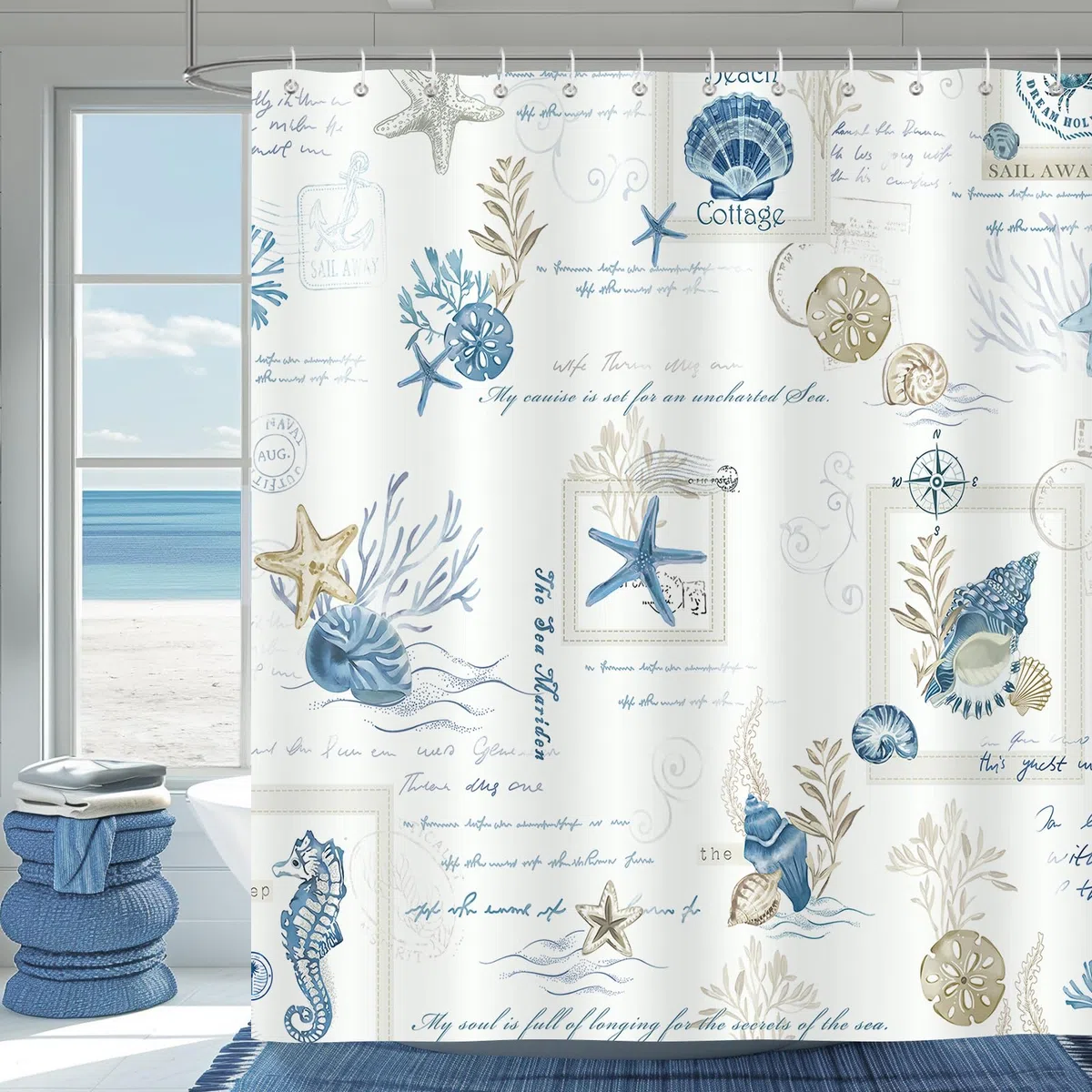 Bonhause Cortina de Ducha Náutico Costera Océano Azul Estrella de Mar Concha Cortina de Baño de Poliéster Impermeable Antimoho Lavable Cortina Ducha 180 x 180 cm con 12 Ganchos