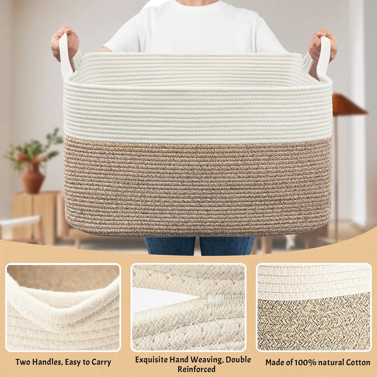 Cesto Ropa Sucia Trenzado de Algodón, 63L Cesto Colada con Asa, D55 x H30 CM Plegable Cestas de Lavandería, Cesta de Almacenamiento Grande, para Lavadero Habitación Infantil Salon Bañ