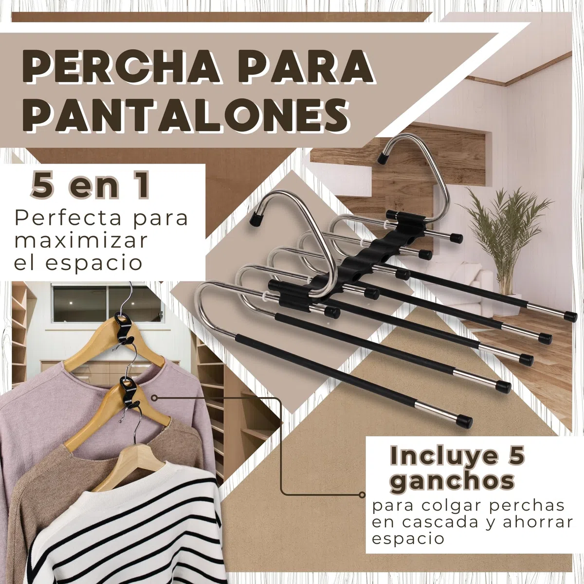 Pack Perchas Pantalones Multiple 5 en 1 - Perchas Pantalon - Perchas para Pantalones - pantalonero Extraible - Ahorra Espacio - Organizador Ropa - Perchas Multiples - Organizador Armario