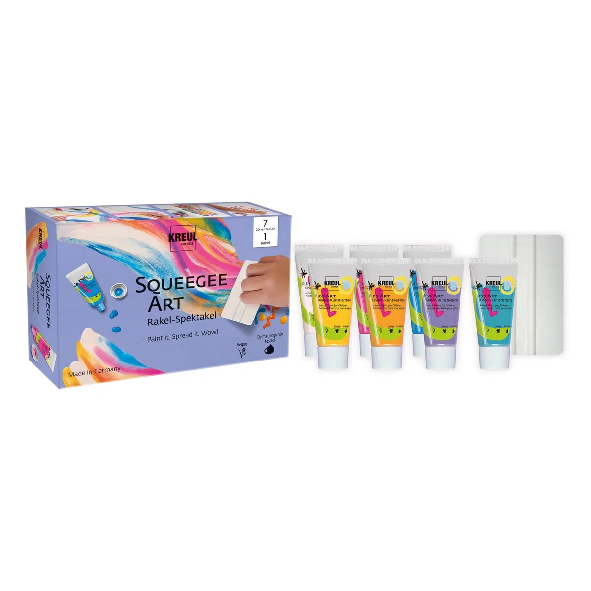 KREUL 43362 - Squeegee Art - Set de pintura con 7 x 20 ml de pinturas artísticas para niños Kids Art + rasqueta, set de manualidades para niños a partir de 6 años