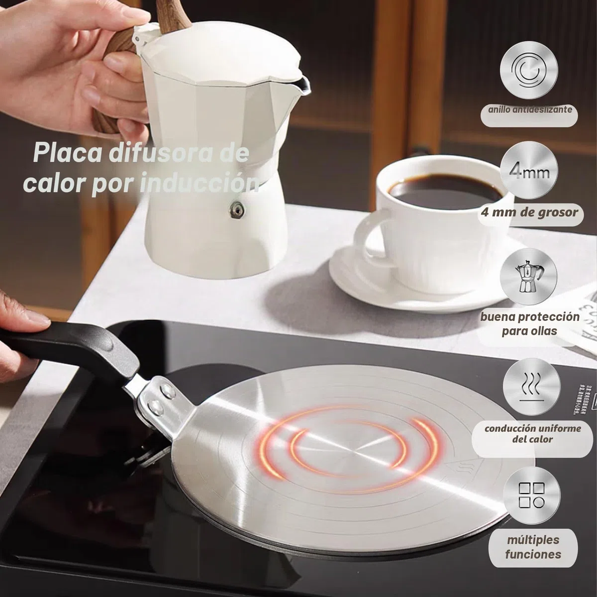 Adaptador de Placa de Inducción de 20 cm para Cafeteras y Utensilios de Cocina - Disco de Difusión de Calor de Acero Inoxidable para Uso en Placas de Inducción
