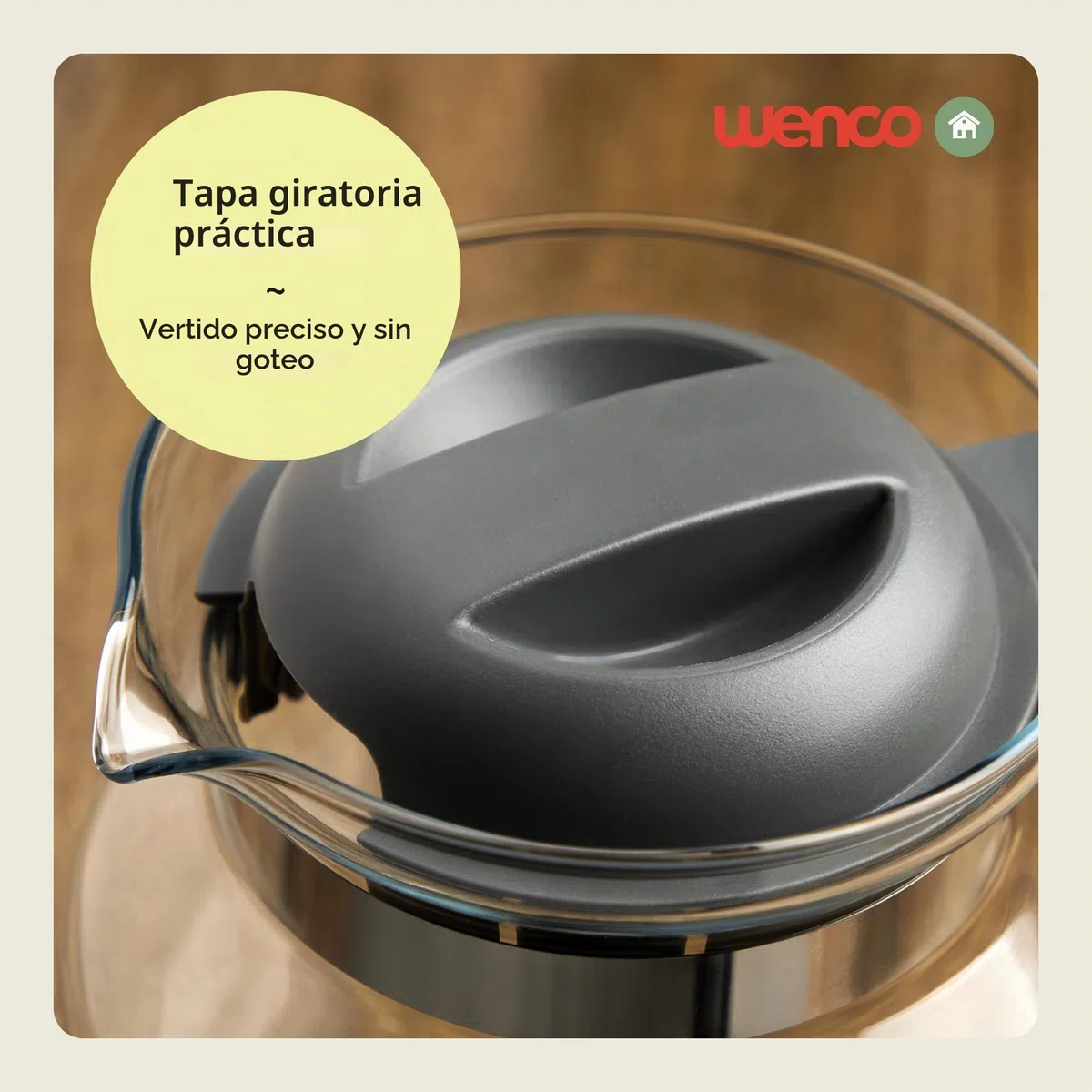 wenco Jarra de cristal de 1,25 l, ideal para té, café y bebidas frías, resistente al calor, con tapa y boquilla de apertura, apta para lavavajillas e irrompible, transparente/gris
