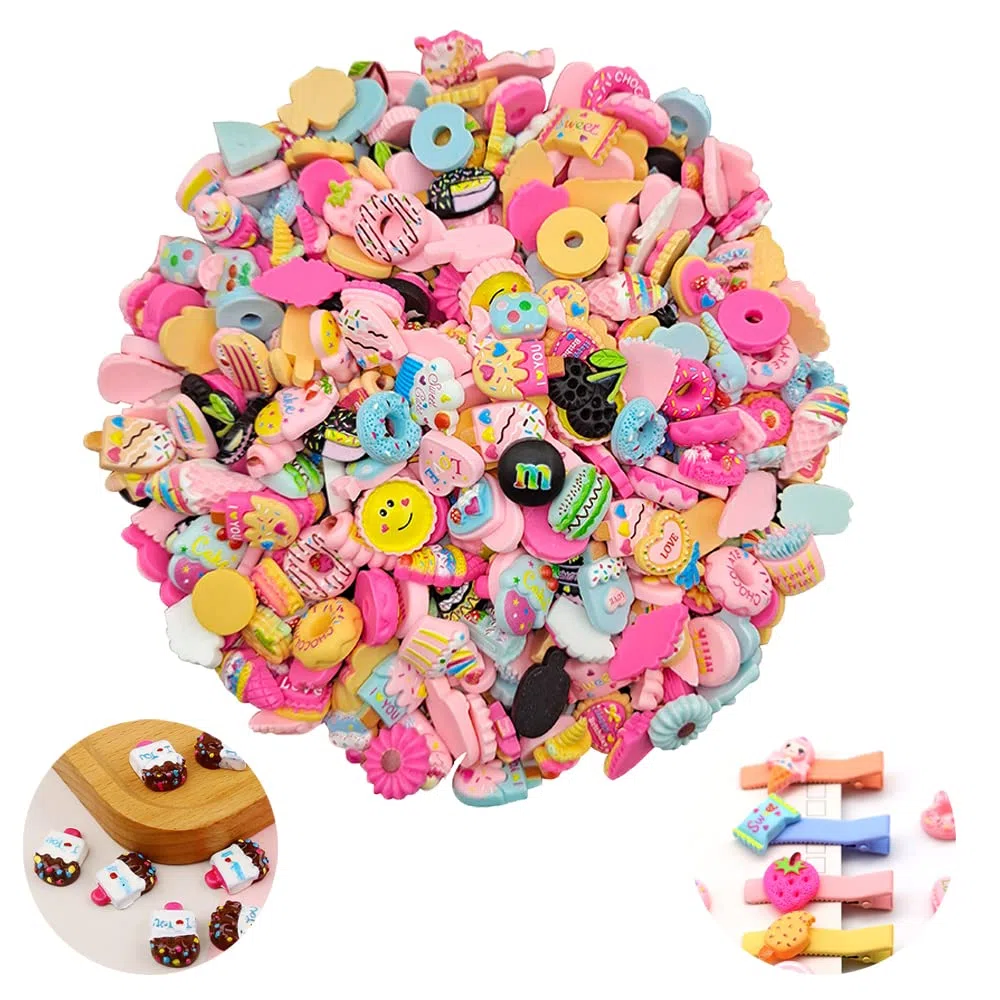 200 pcs Surtido Slime Charms,Cute Candy Sweet Fruits Donut Charms Ornaments Flatback Resin Cabochons for Craft Making Ornament Scrapbooking DIY Crafts Beads Making Supplies - Random Style