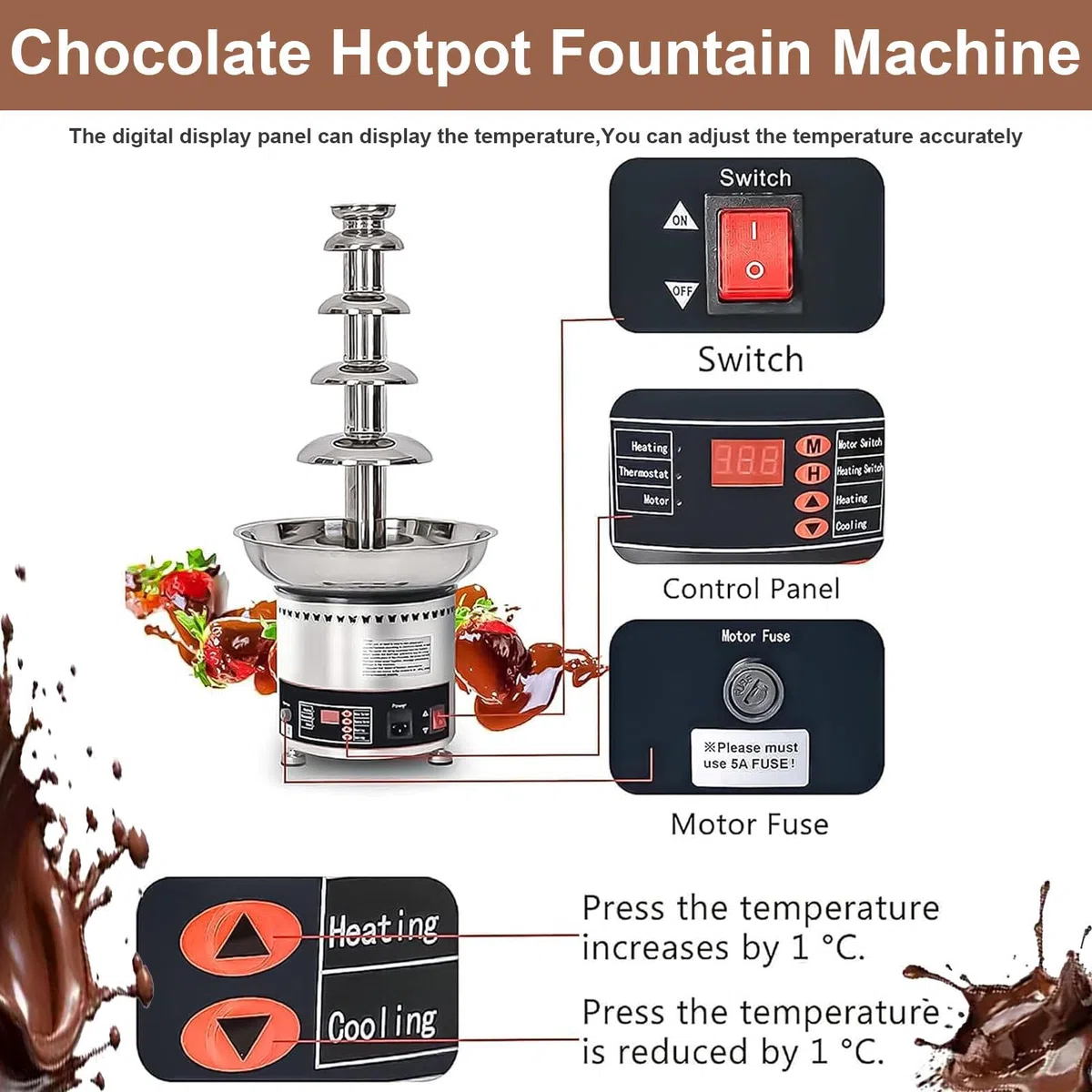 Máquina de fuente de chocolate, fuente de fondue comercial de acero inoxidable para derretir queso y chocolate, 4 capas, perfecta para fiestas y reuniones