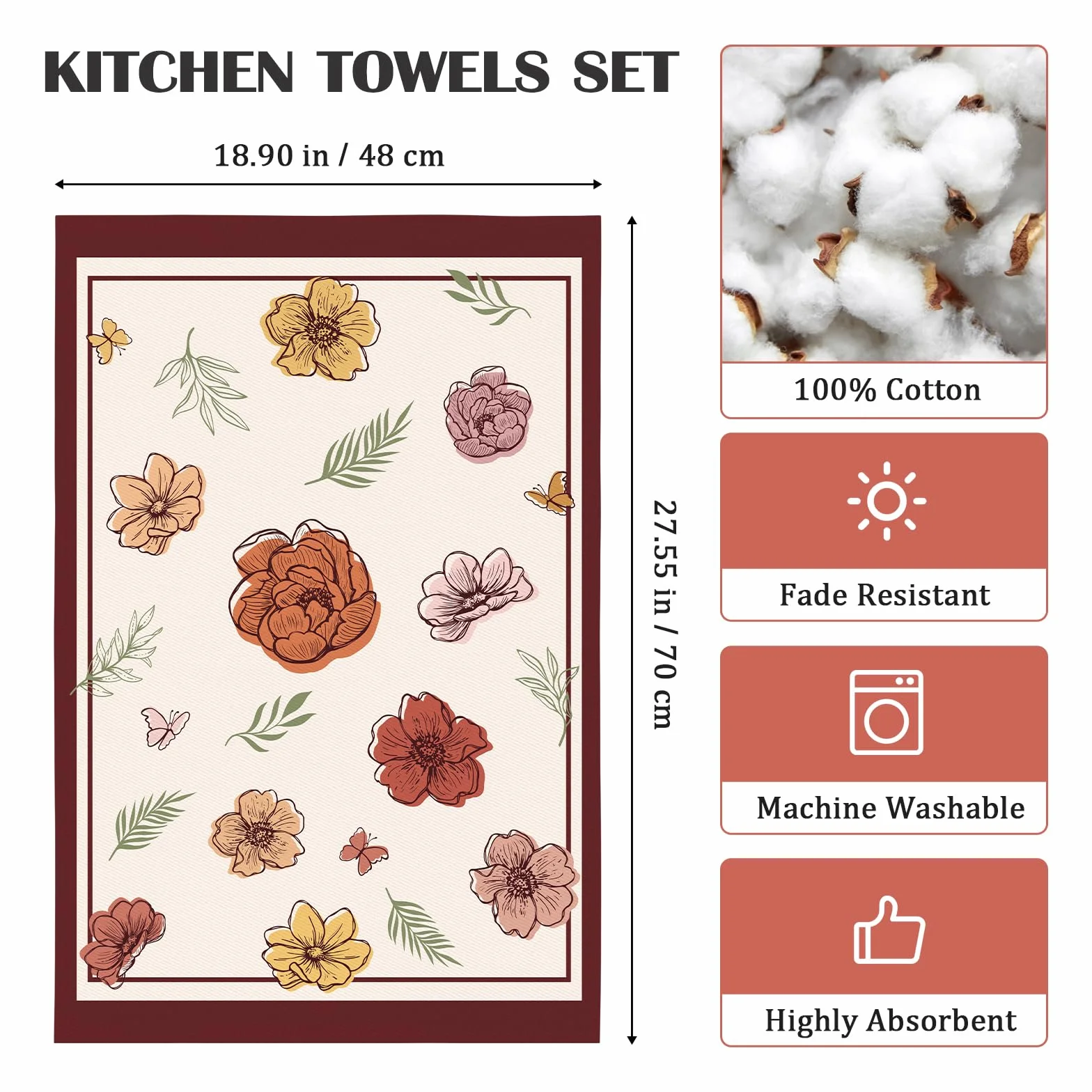 4 Piezas Paños de Cocina Flor Boho Algodón Toallas de Cocina Suaves y Absorbentes Toallas de té y Toallas de Barra Decoración de Cocina Limpieza, 48 x 70 CM