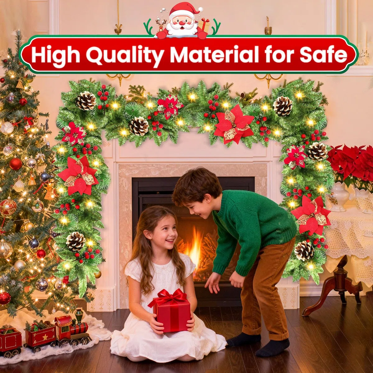 Guirnalda Navidad con Luces, 2.7m Guirnalda Navideña con 215 Puntas y Flores, Frutos Rojos, Piñas, Temporizador y Impermeable, Decoracion Navidad para Escaleras, Chimenea, Puerta, Interior/Exterior