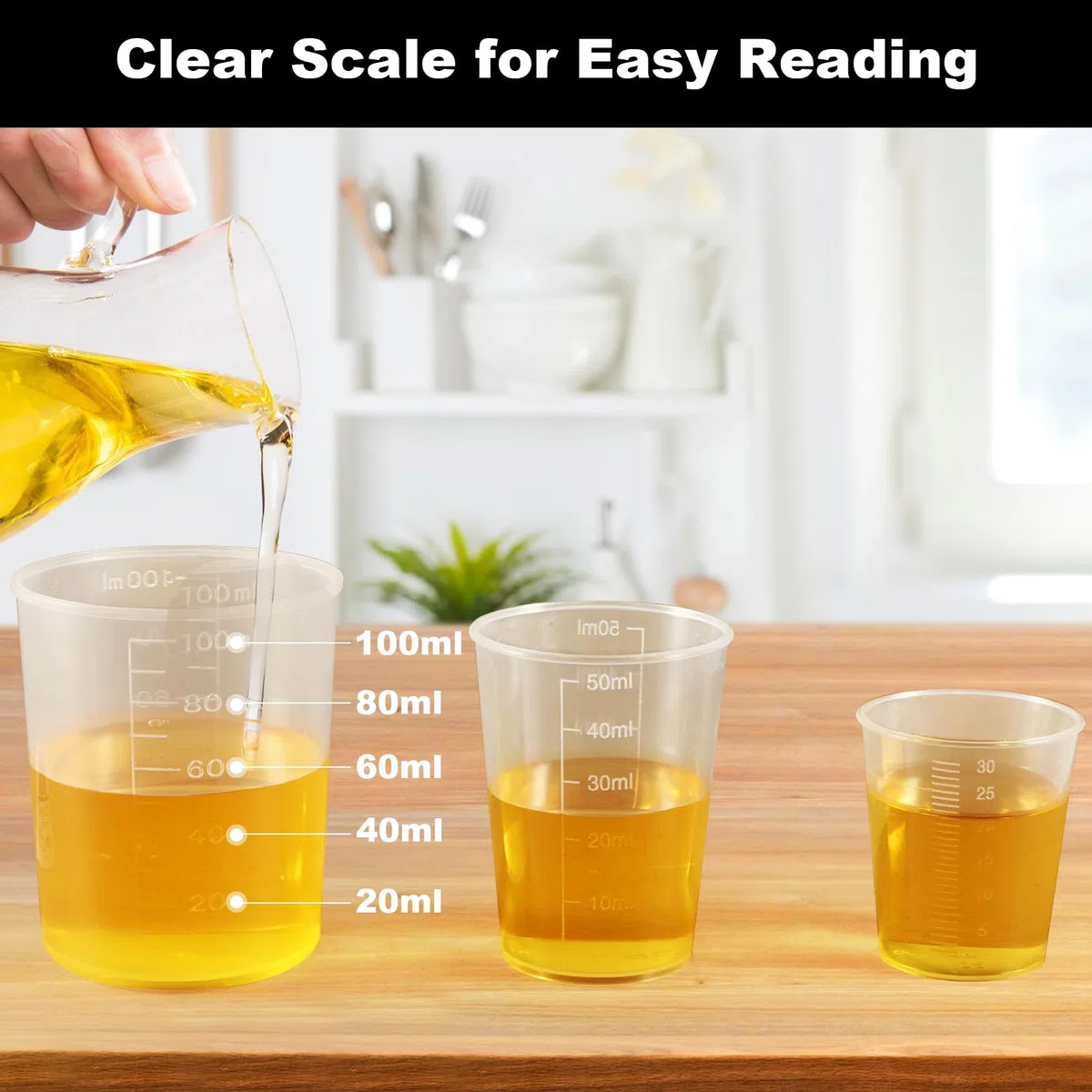30 Piezas Vasos Medidores de Reutilizable Plástico, 30ml/50ml/100ml Tazas Medidoras de Líquido, Tazas Medidoras Transparentes, con Gotero y Cuchara de Mezcla para Hornear y Laboratorio