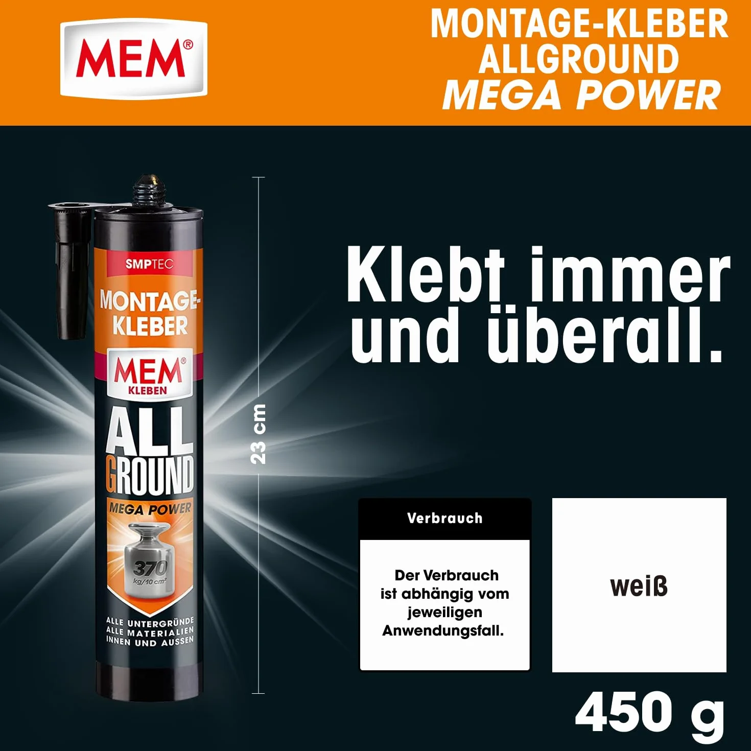 MEM Pegamento de montaje Allground Mega Power, resistente al agua y a los rayos UV, alta adherencia inicial y gran resistencia final, para casi todas las superficies, sin disolventes, cartucho de 450