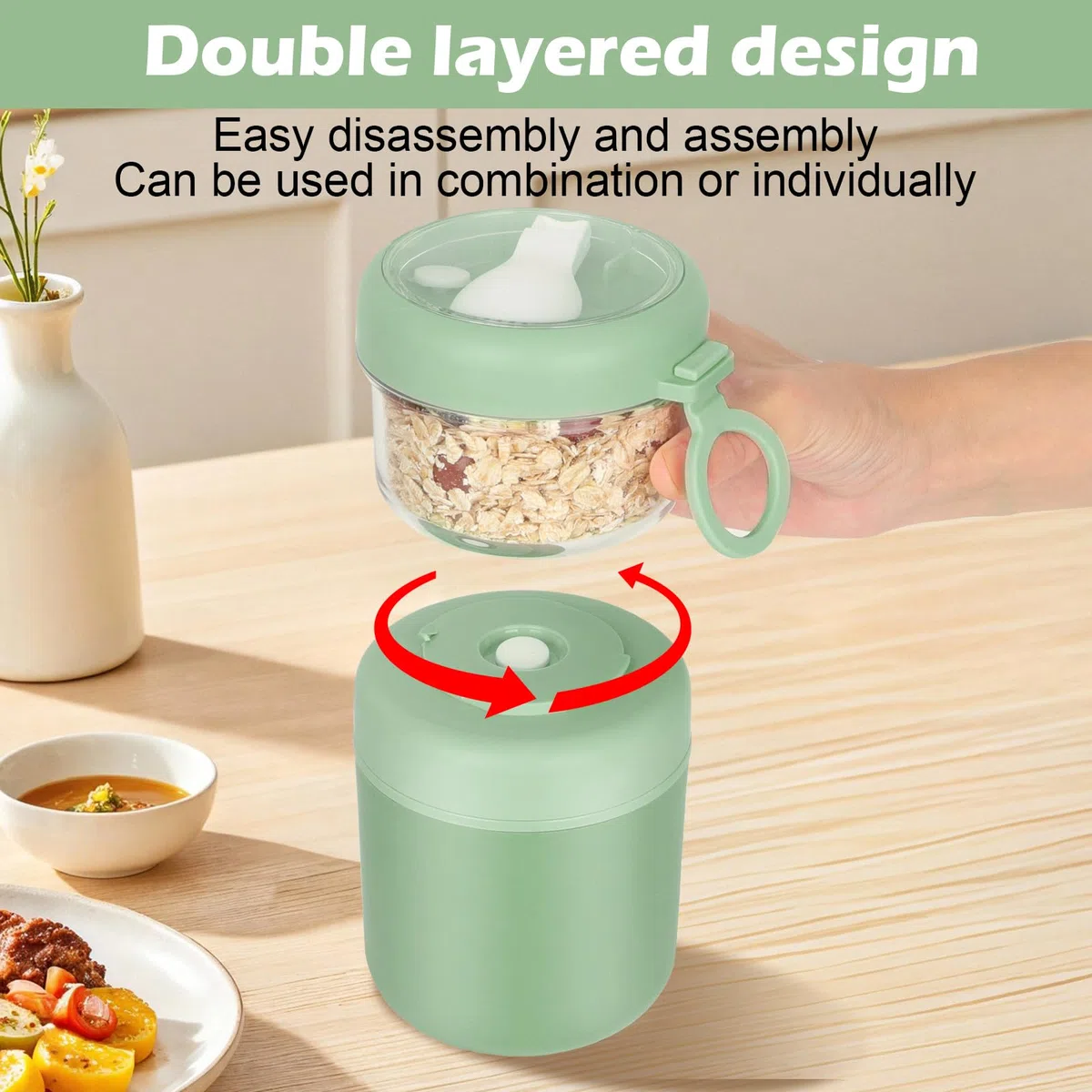 Tazón grande de acero inoxidable para cereales para llevar, taza de yogur 530 ml + 330 ml Tazón de almuerzo portátil a prueba de fugas para cereales, yogur, ensalada, arroz y avena (Verde)