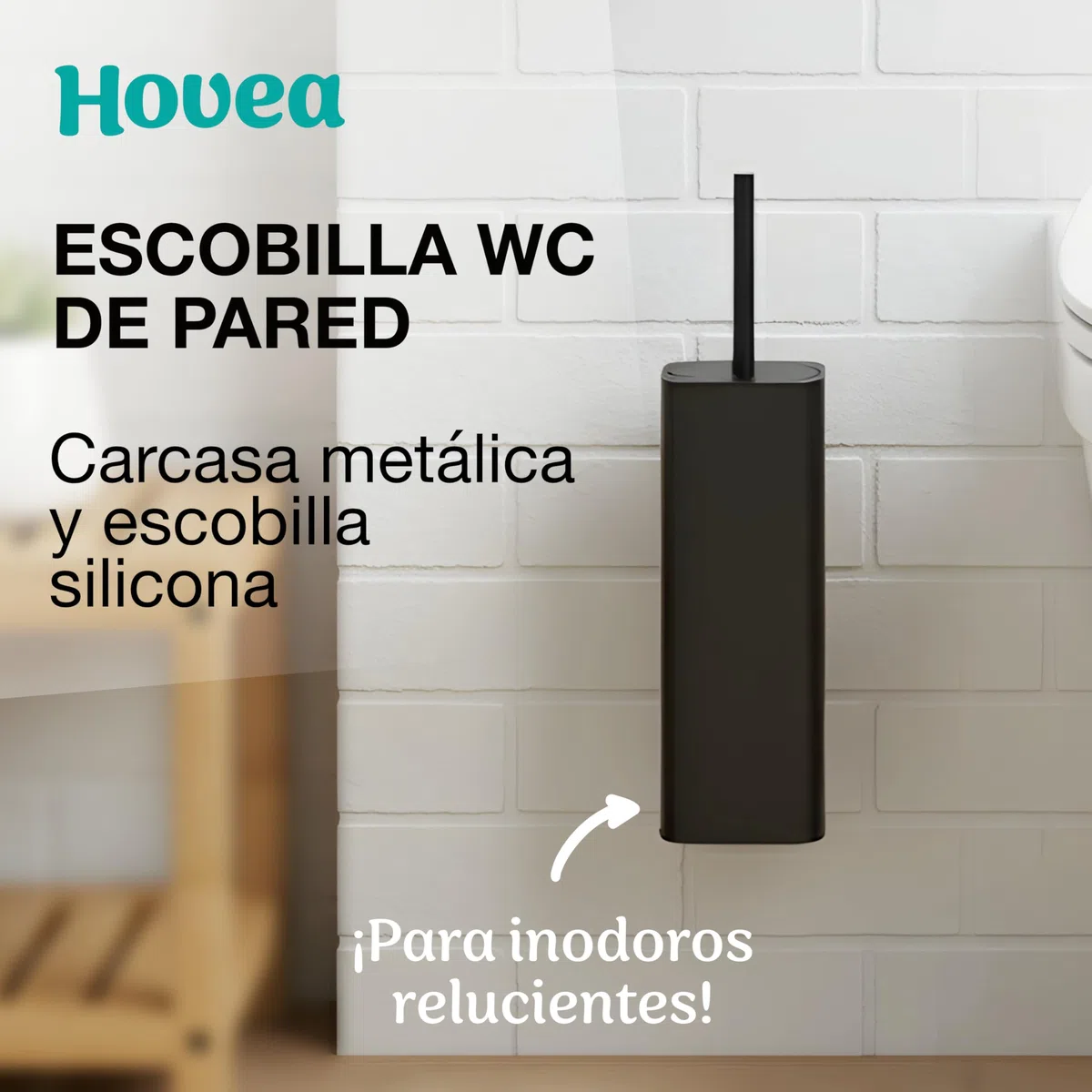 Escobilla WC de Pared - Escobilla Silicona y Soporte Metálico - Sin Taladro - Fijación Mural con Adhesivo o Tornillos - Cepillo de Baño - Negro Mate - WC3680