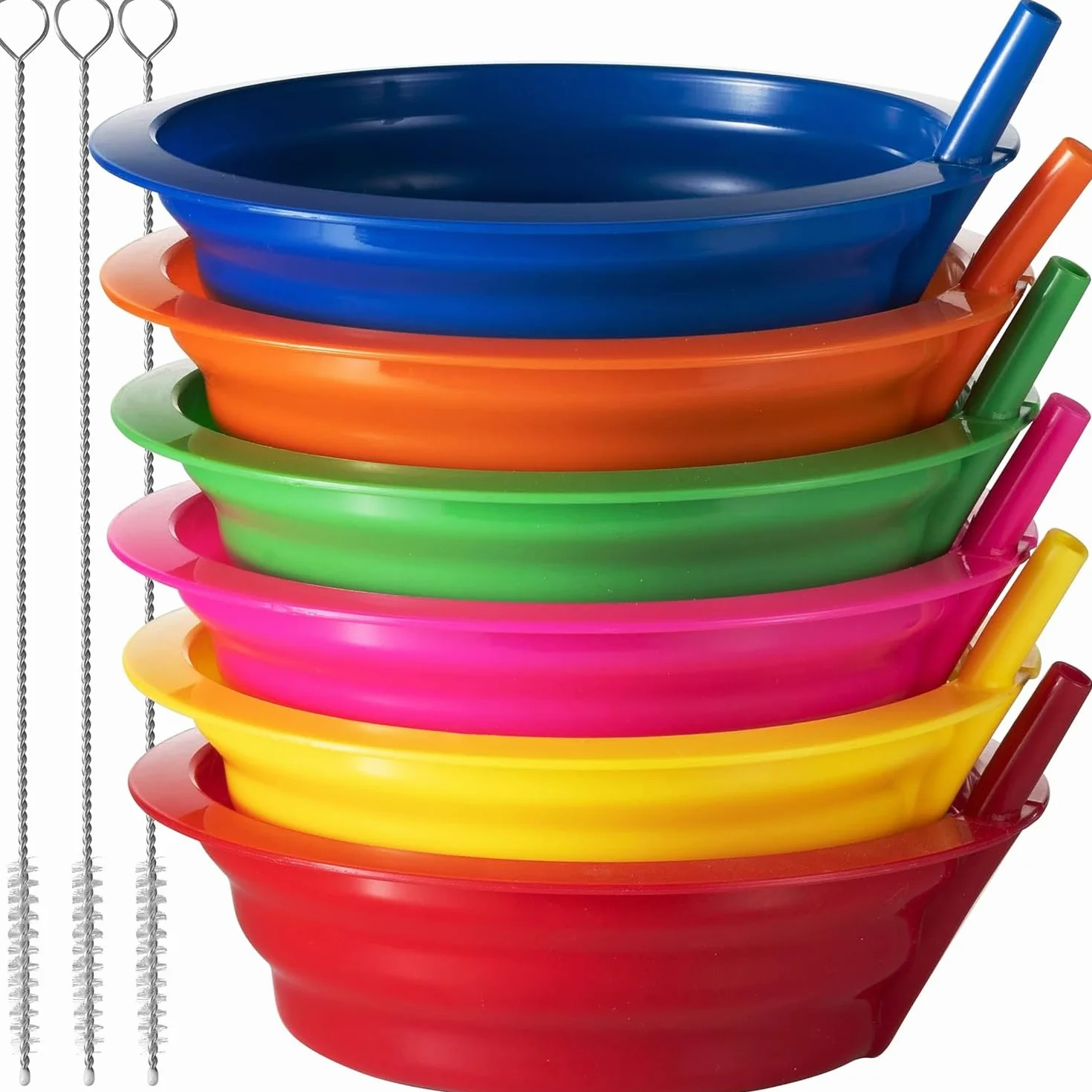 JoyServe Cuencos de cereales con pajitas para niños (juego de 6 cuencos de 20 onzas) cuencos reutilizables de plástico sin BPA con pajitas integradas para niños, incluye 3 cepillos de limpieza