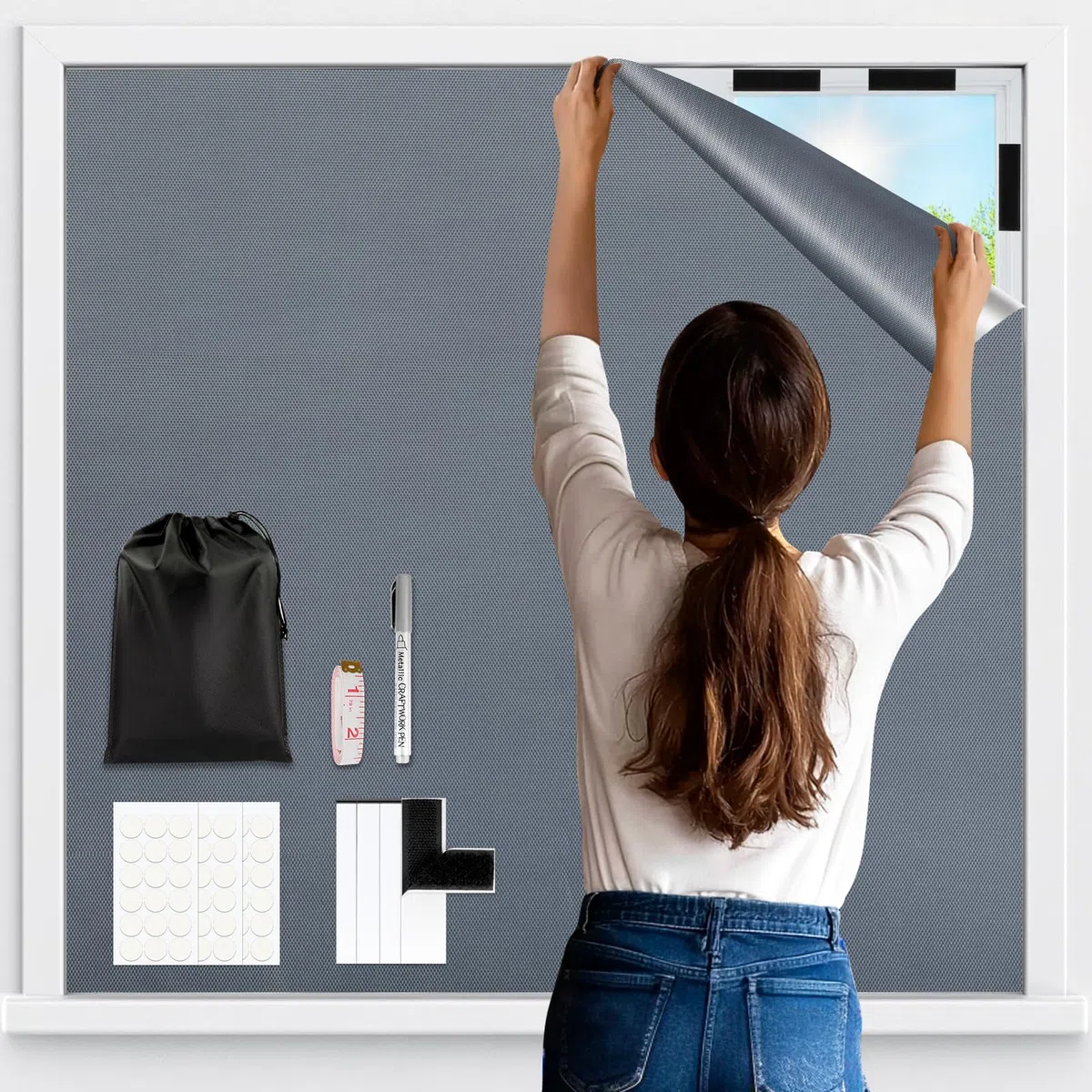 Estores Opacos Sin Taladrar, 200x148cm Tela Opaca para Ventanas con Revestimiento Térmico Aislante, Cortina Blackout Curtains Portátil y Cortable Foscurit para Hogar, Velux, Caravana y Viajes