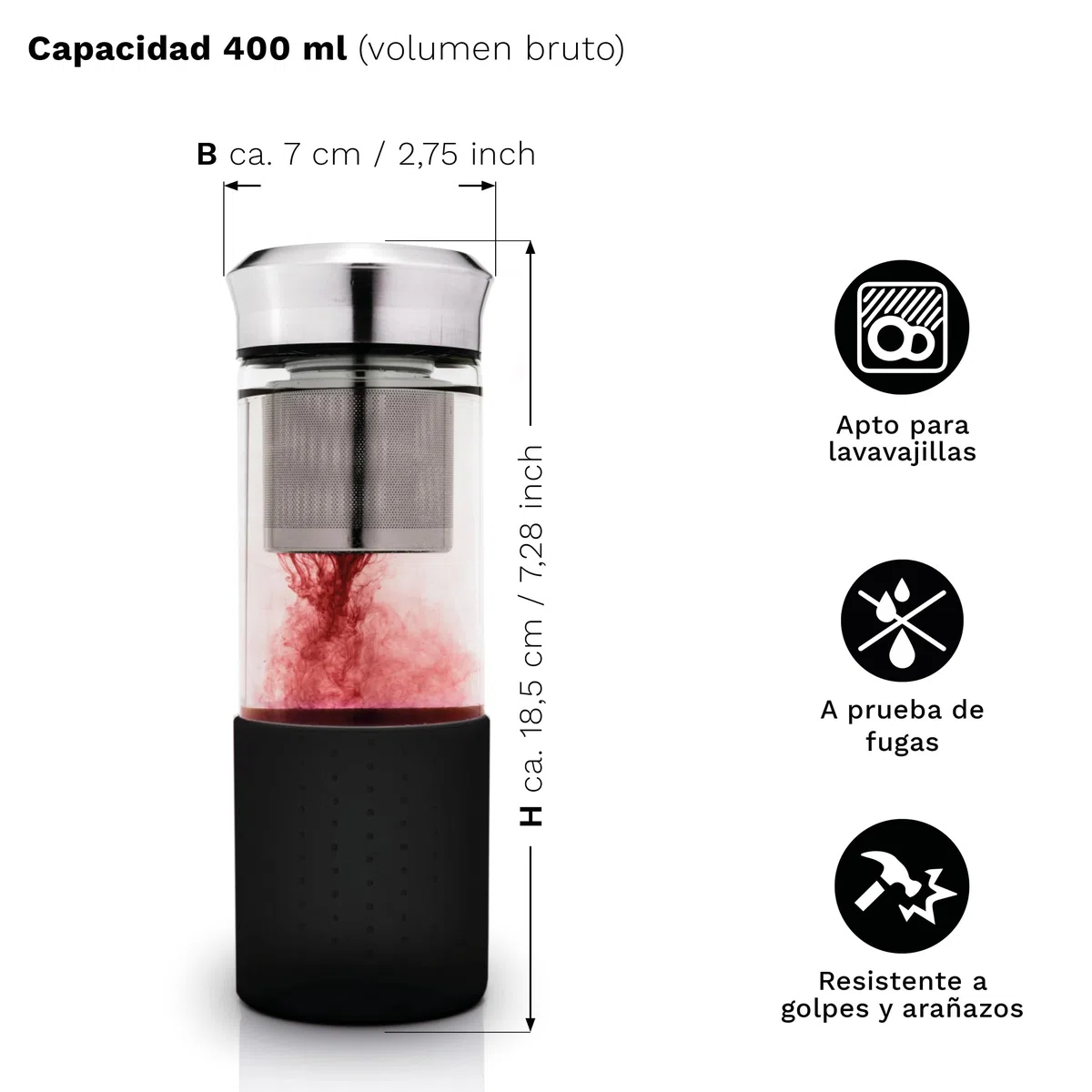 Creano Teamaker Tetera Nómada de Vidrio de Borosilicato 400ml con Filtro de Acero Inoxidable y Funda de Neopreno Hermética – Negro