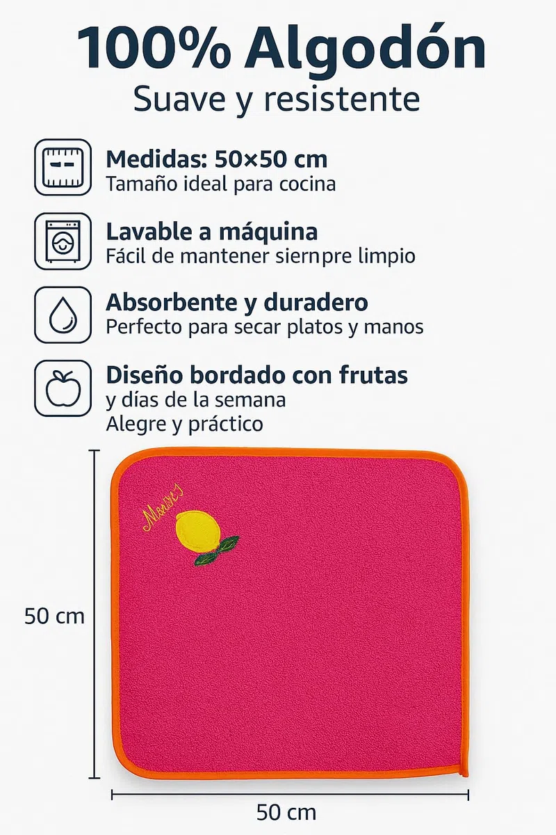 Genérico Paños de Cocina 100% Algodón (6 Unidades, 50×50 cm) – Bordados con Días de la Semana – Paños Absorbentes y Duraderos para Hogar y Cocina
