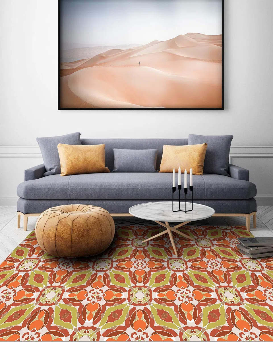 Panorama Alfombra Vinílica Cocina Baño - Modelo Baldosín Oriental Caleidoscopio Naranja 40x80 cm - Varios tamaños - Decoración Hogar