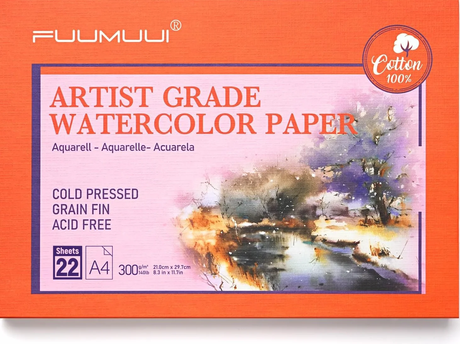 Papel Acuarela A4-100% algodón, 22 hojas de 300 g/m², Sin ácidos, Prensado en frío, Bloc de 4 Caras encolad, Bloc Acuarela | Papel de Acuarela para Acuarela y Dibujo, Watercolor Paper